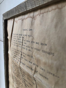 Annabel Lee by Edgar Allan Poe. Vintage poem print. Close up of rustic wood frame. 