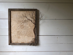 The Road Not Taken by Robert Frost. Vintage poem print. Typewritten. Framed in rustic wood with hand twisted copper wire tree.