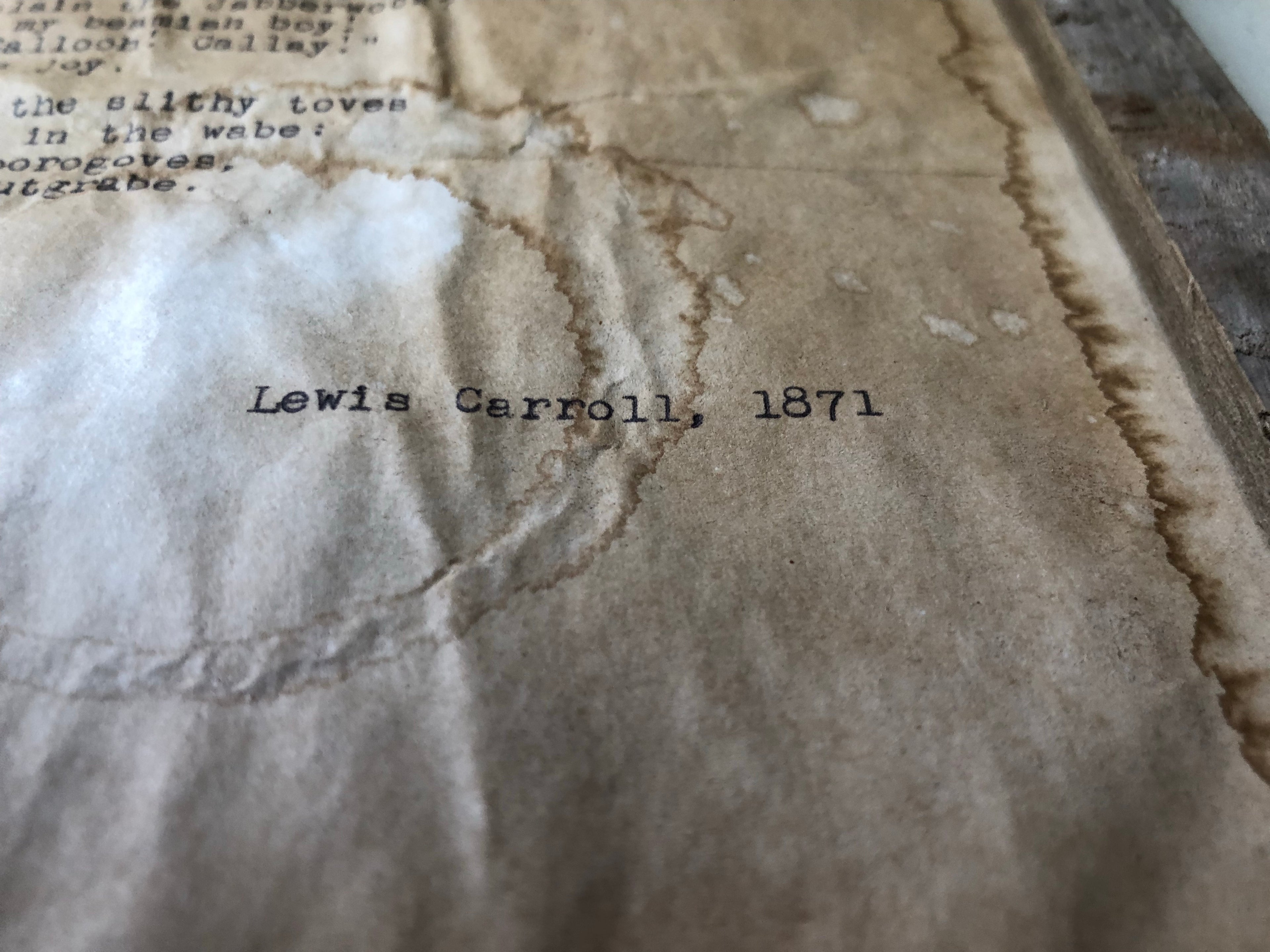 Jabberwocky by Lewis Carroll. Vintage poem print. Typewritten. Close up of distressed look.