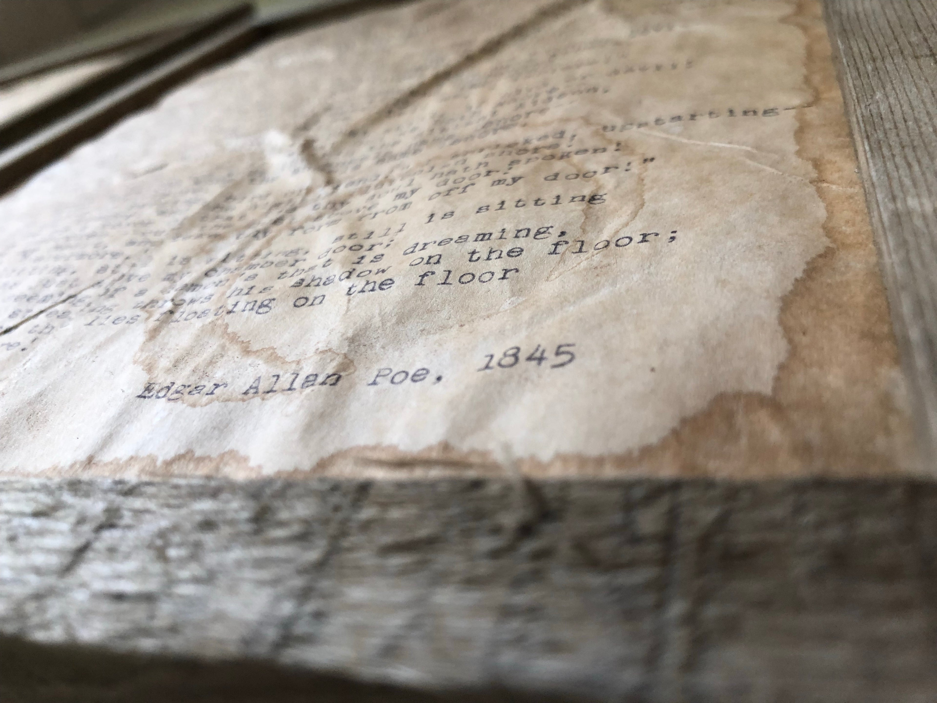 The Raven by Edgar Allan Poe. Vintage poem print. Typewritten. Close up of distressed look.