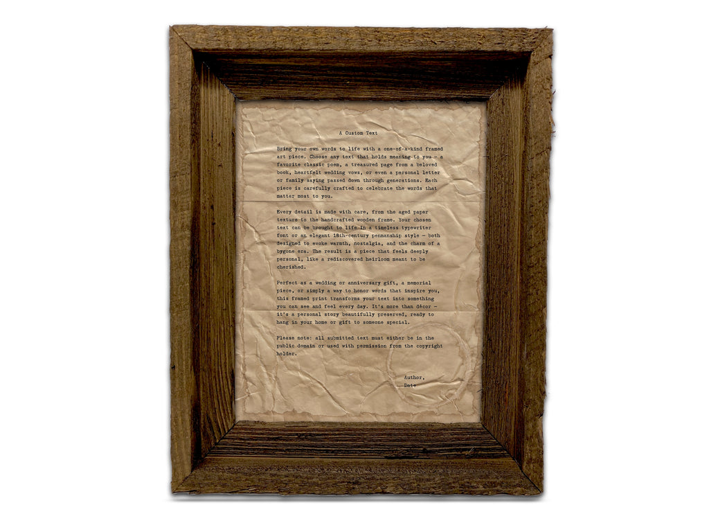 Handmade Aged Custom Poem, Quote, Book Page, Wedding Vows or Song Lyrics Print
