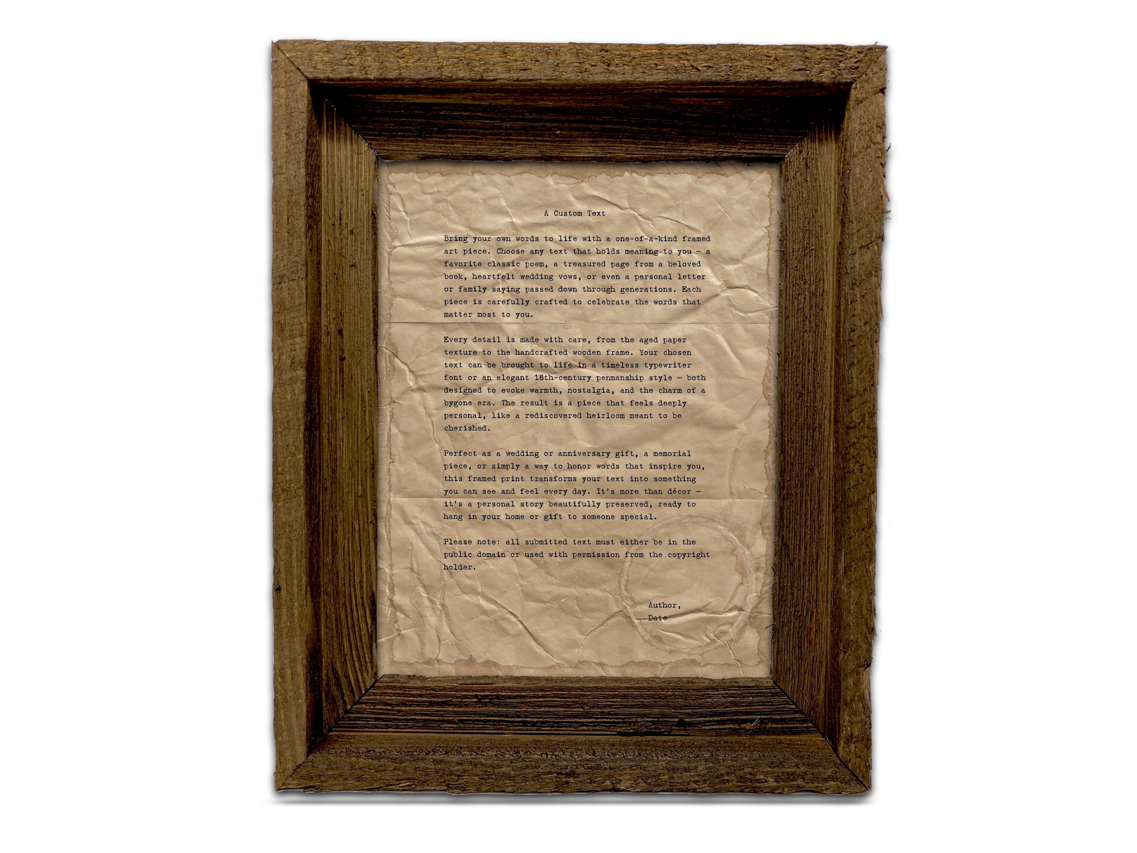 Handmade Aged Custom Poem, Quote, Book Page, Wedding Vows or Song Lyrics Print