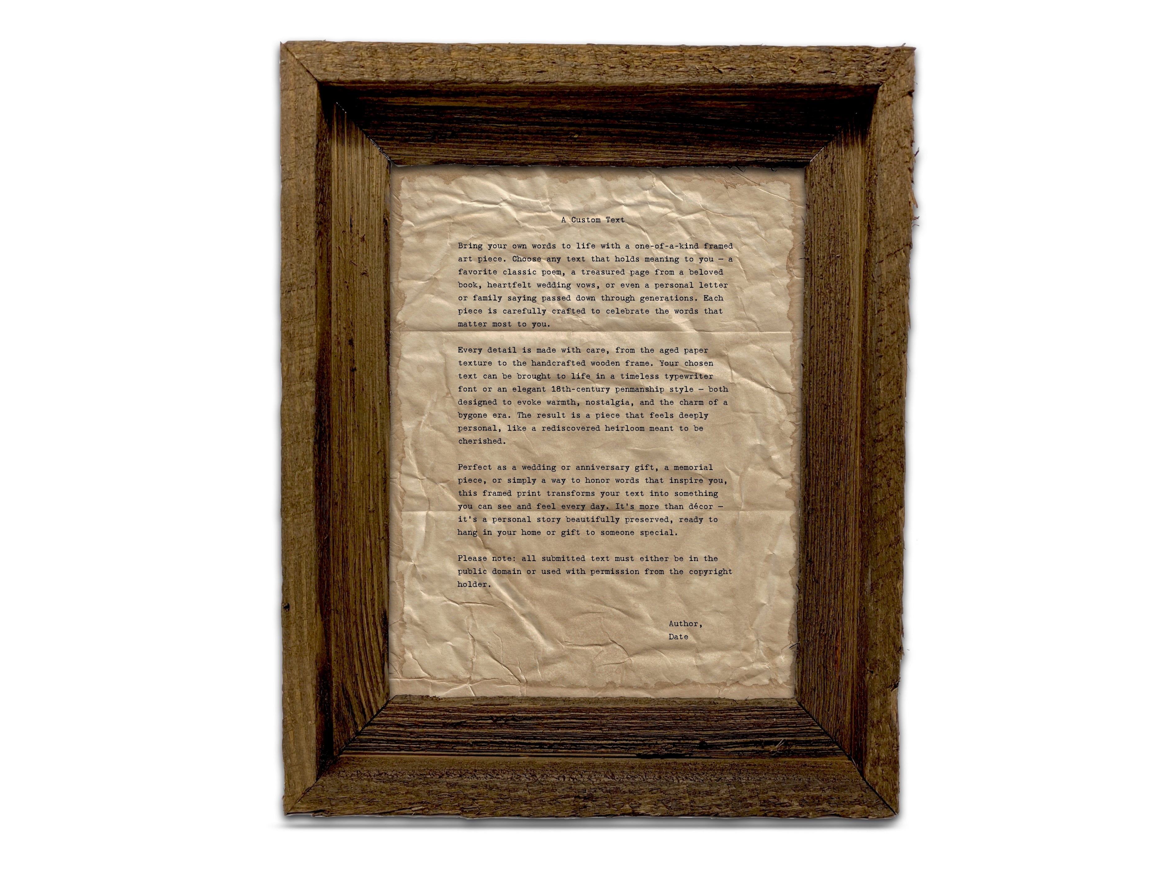 Handmade Aged Custom Poem, Quote, Book Page, Wedding Vows or Song Lyrics Print