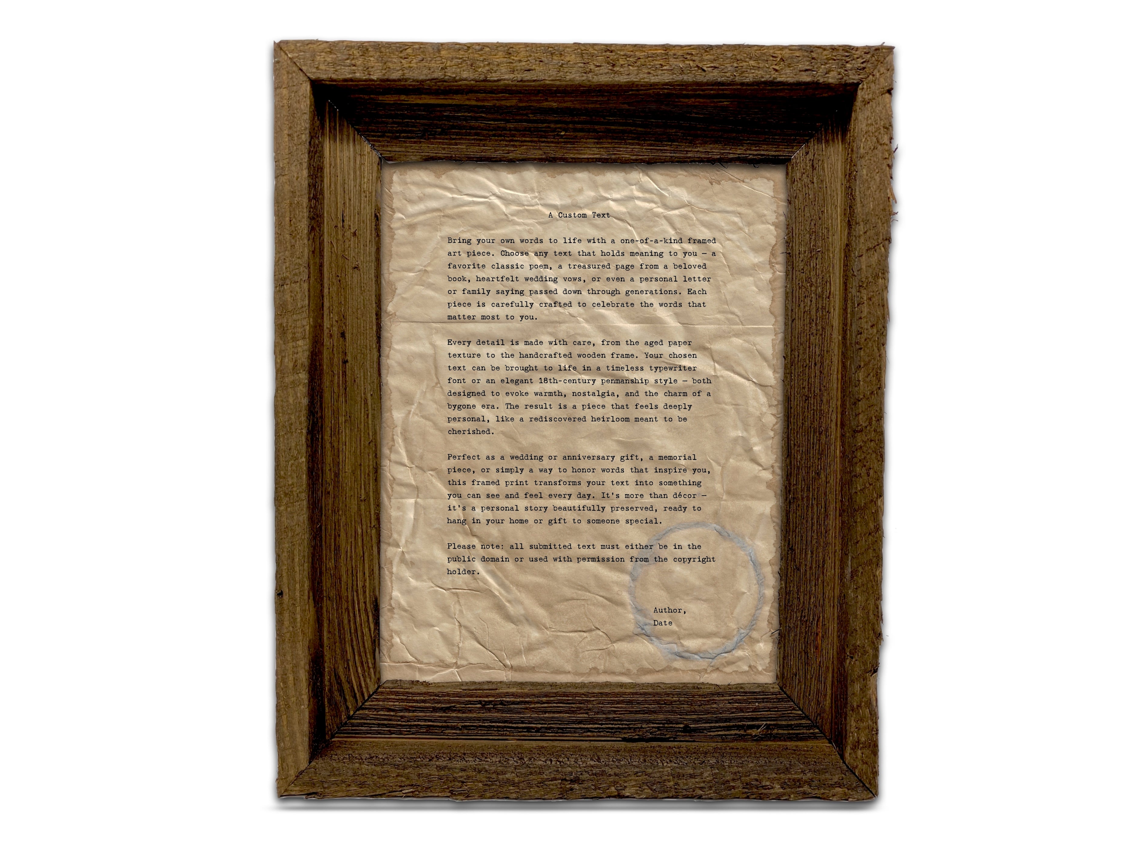 Handmade Aged Custom Poem, Quote, Book Page, Wedding Vows or Song Lyrics Print