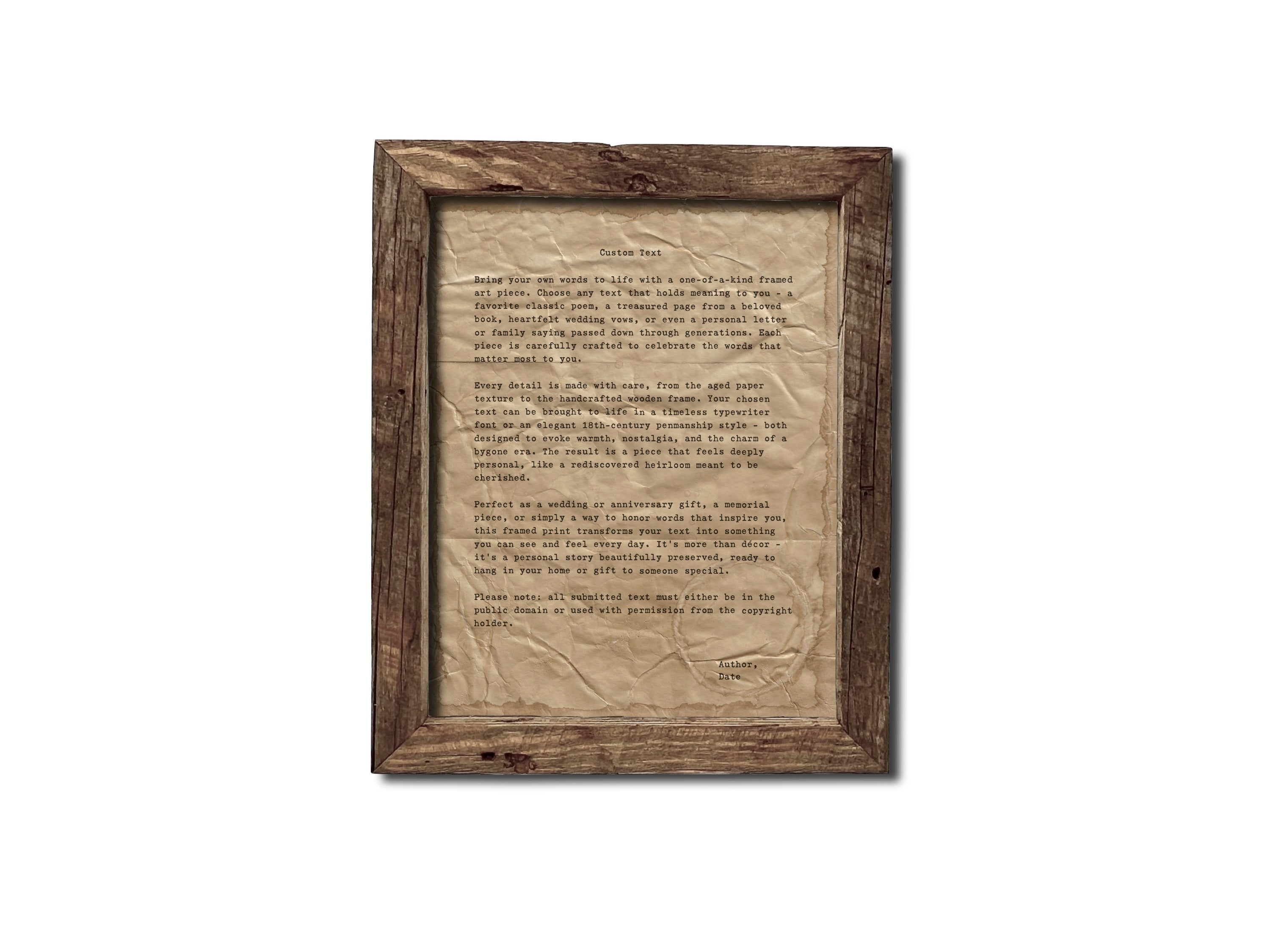 Handmade Aged Custom Poem, Quote, Book Page, Wedding Vows or Song Lyrics Print