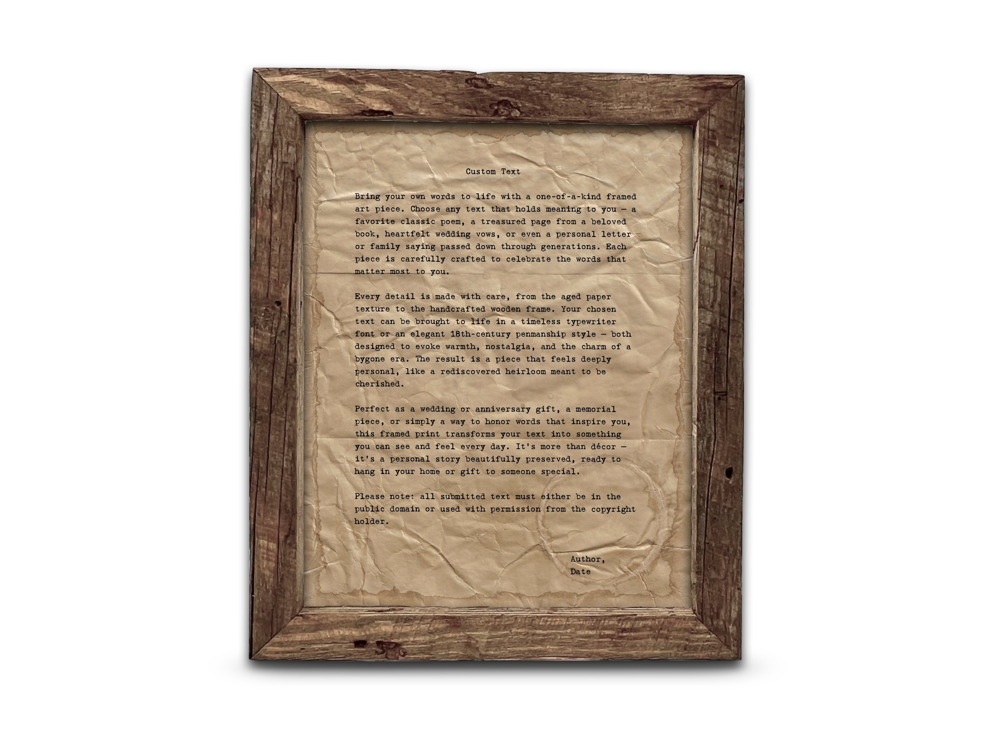 Handmade Aged Custom Poem, Quote, Book Page, Wedding Vows or Song Lyrics Print