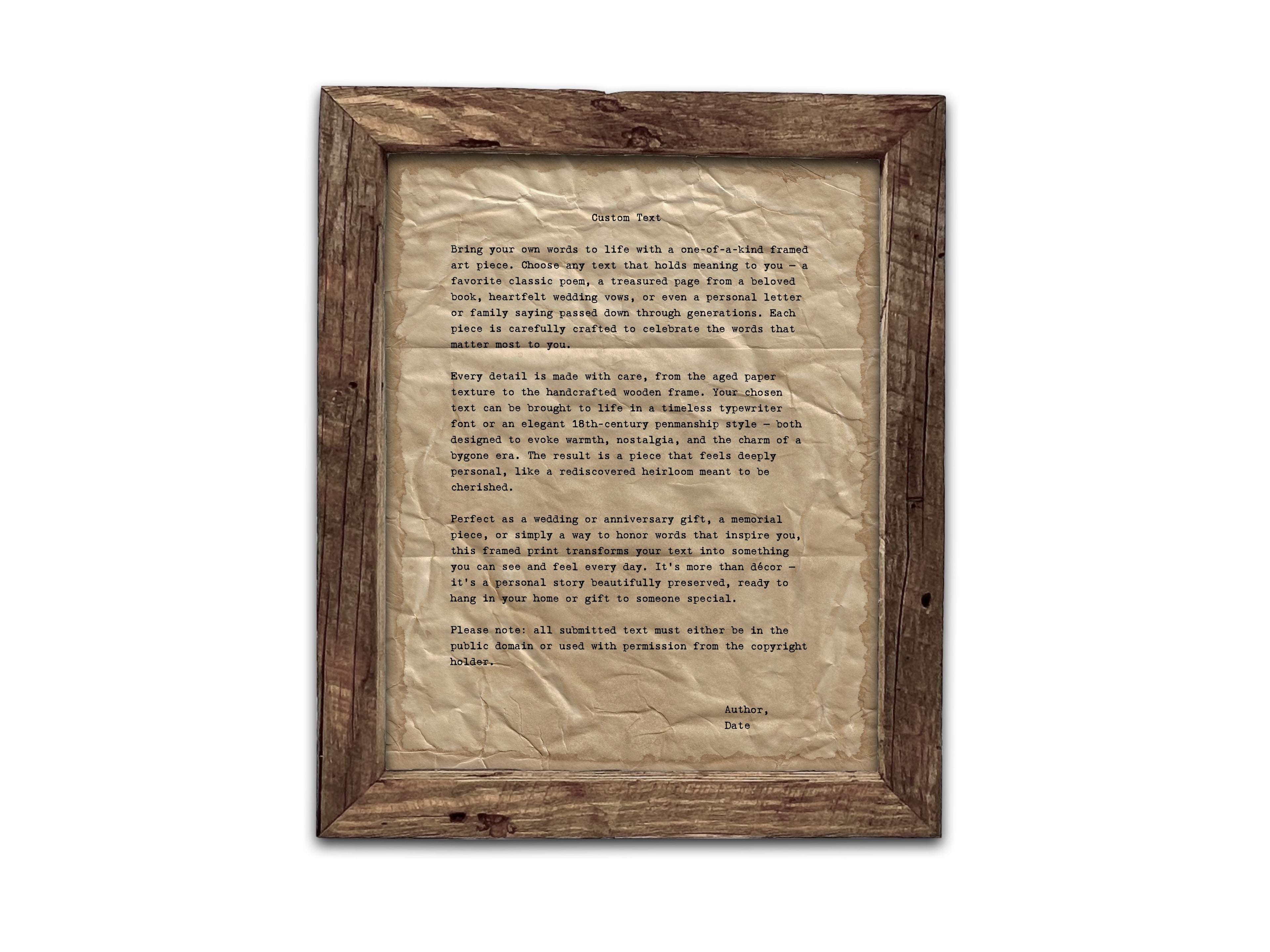 Handmade Aged Custom Poem, Quote, Book Page, Wedding Vows or Song Lyrics Print