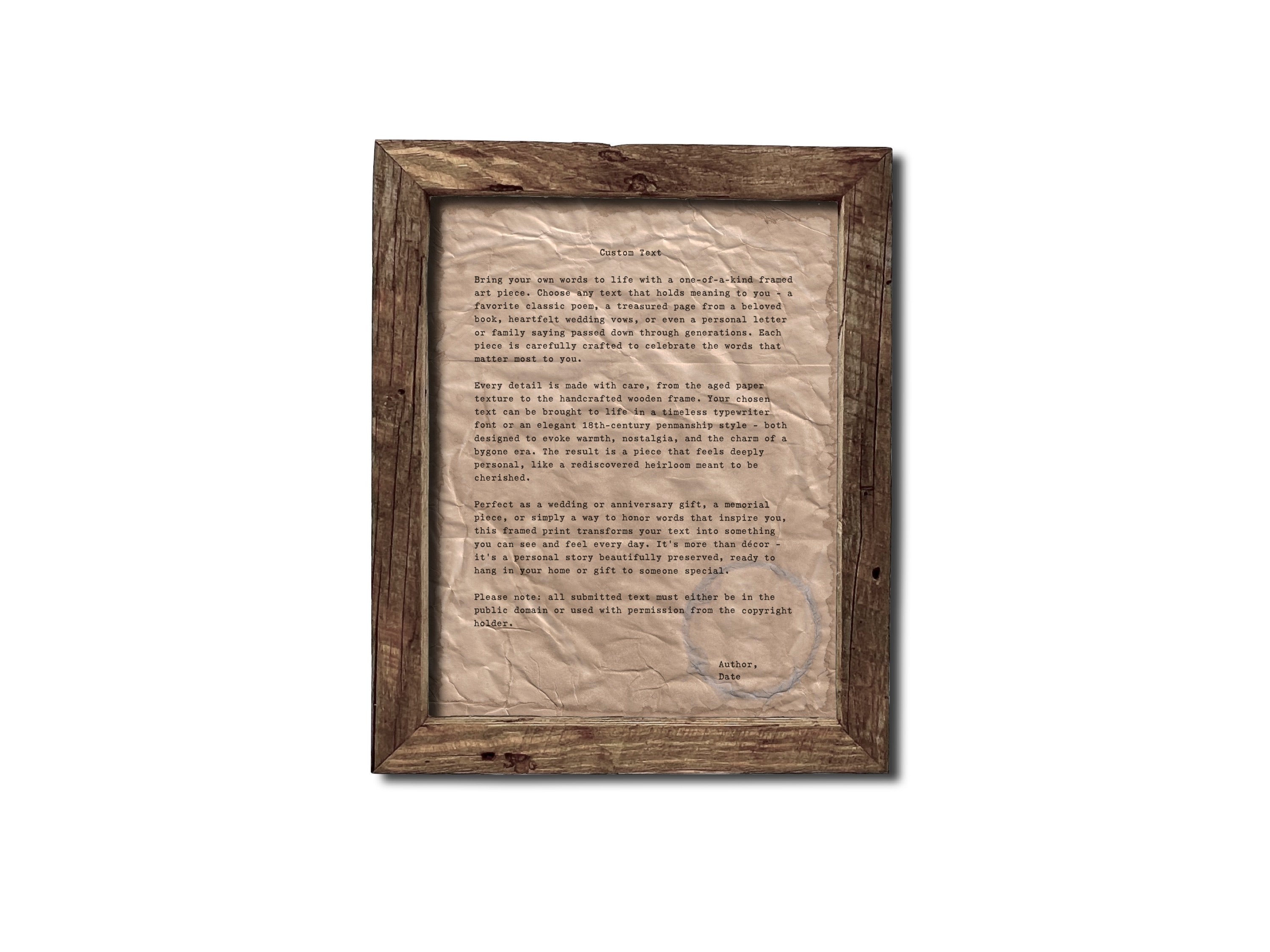 Handmade Aged Custom Poem, Quote, Book Page, Wedding Vows or Song Lyrics Print