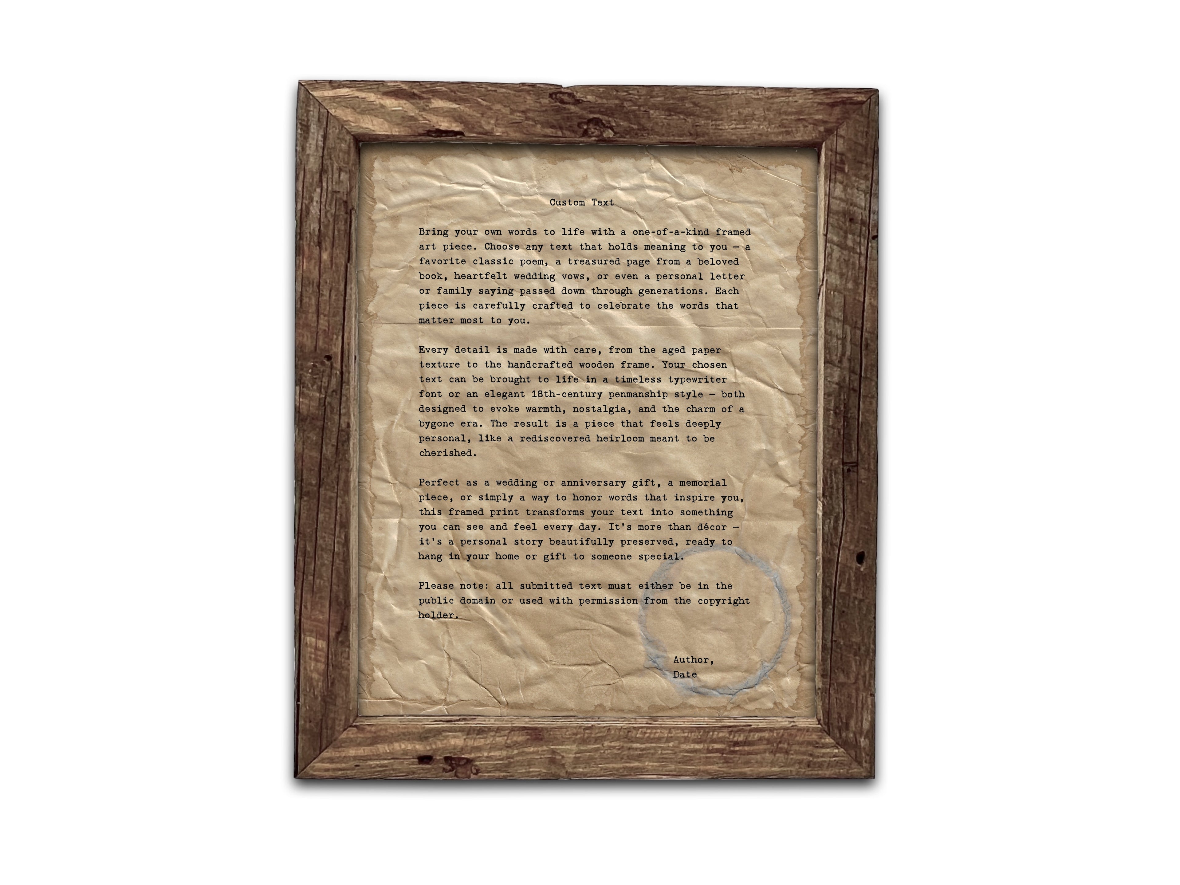 Handmade Aged Custom Poem, Quote, Book Page, Wedding Vows or Song Lyrics Print