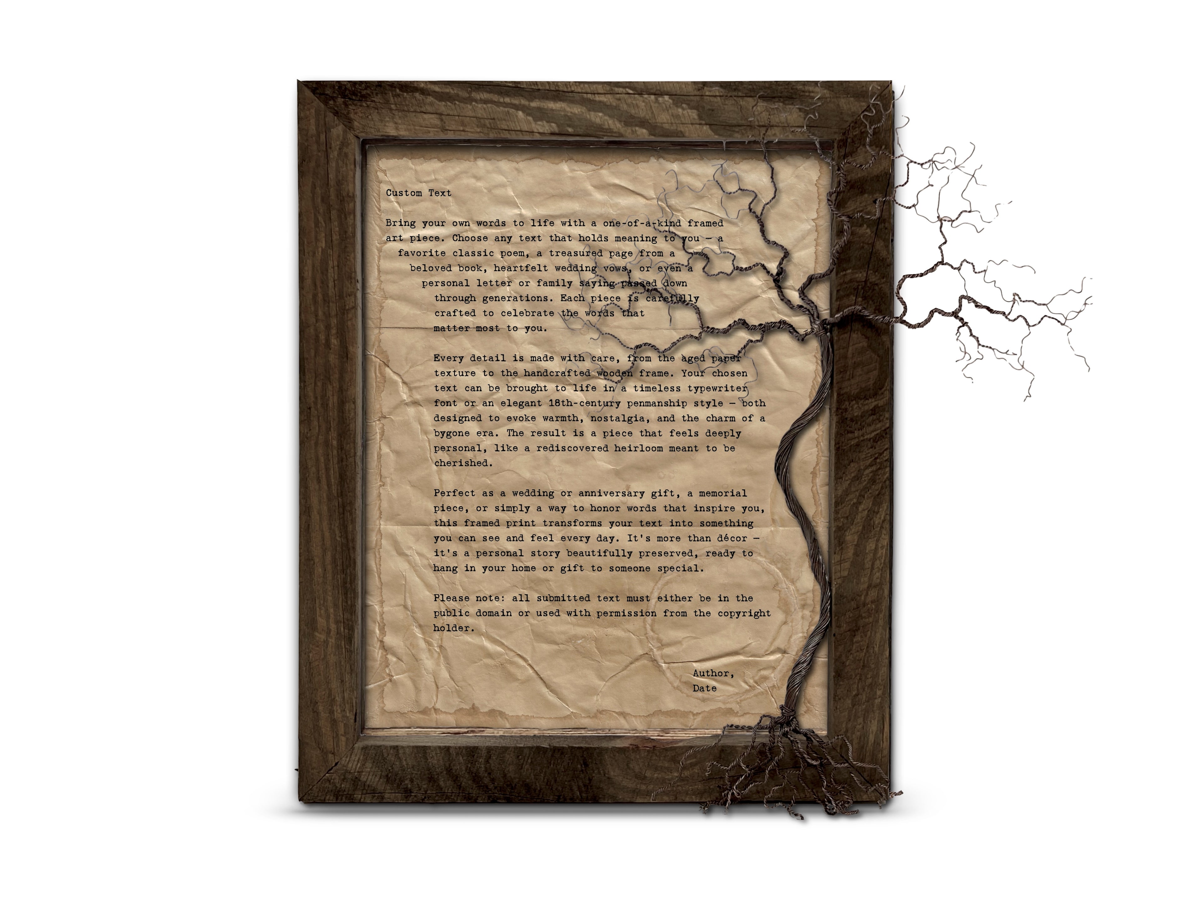Handmade Aged Custom Poem, Quote, Book Page, Wedding Vows or Song Lyrics Print