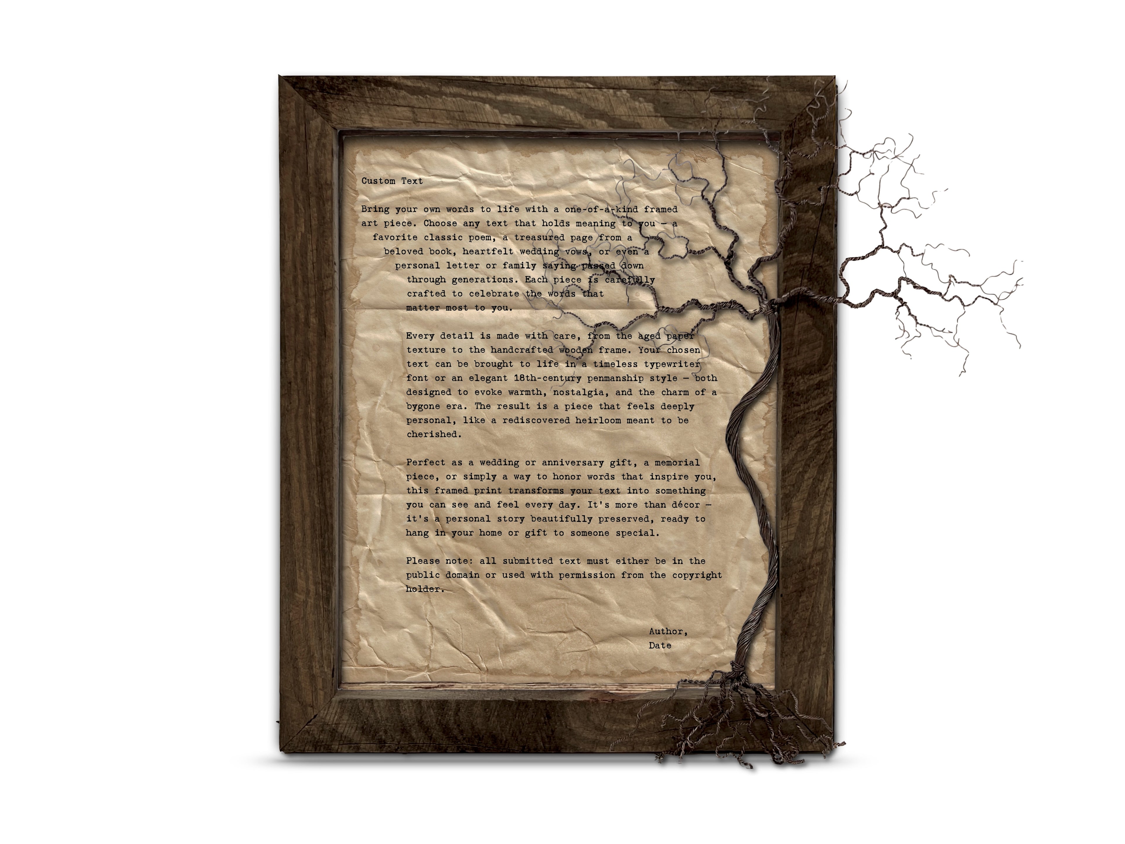 Handmade Aged Custom Poem, Quote, Book Page, Wedding Vows or Song Lyrics Print