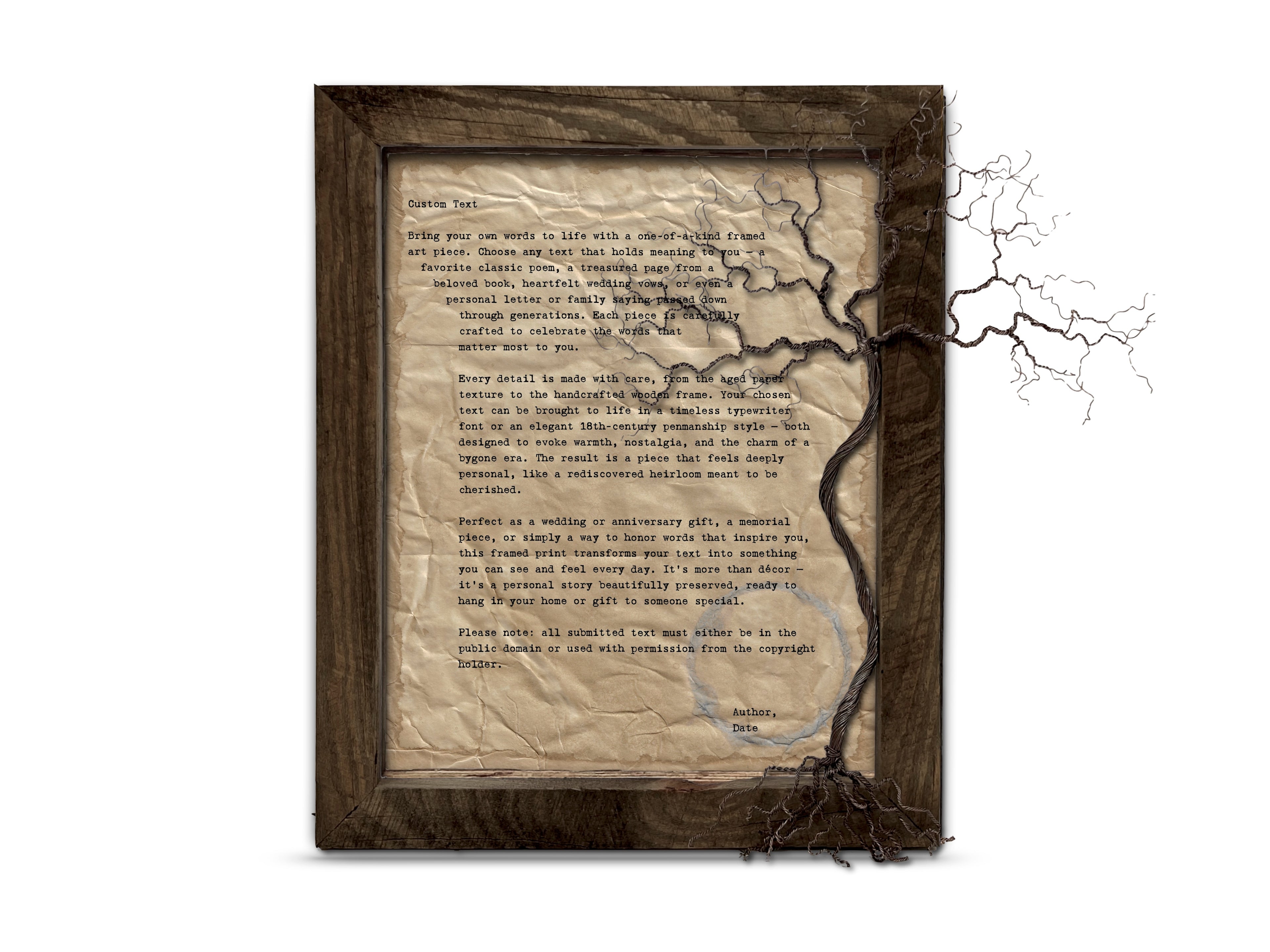 Handmade Aged Custom Poem, Quote, Book Page, Wedding Vows or Song Lyrics Print