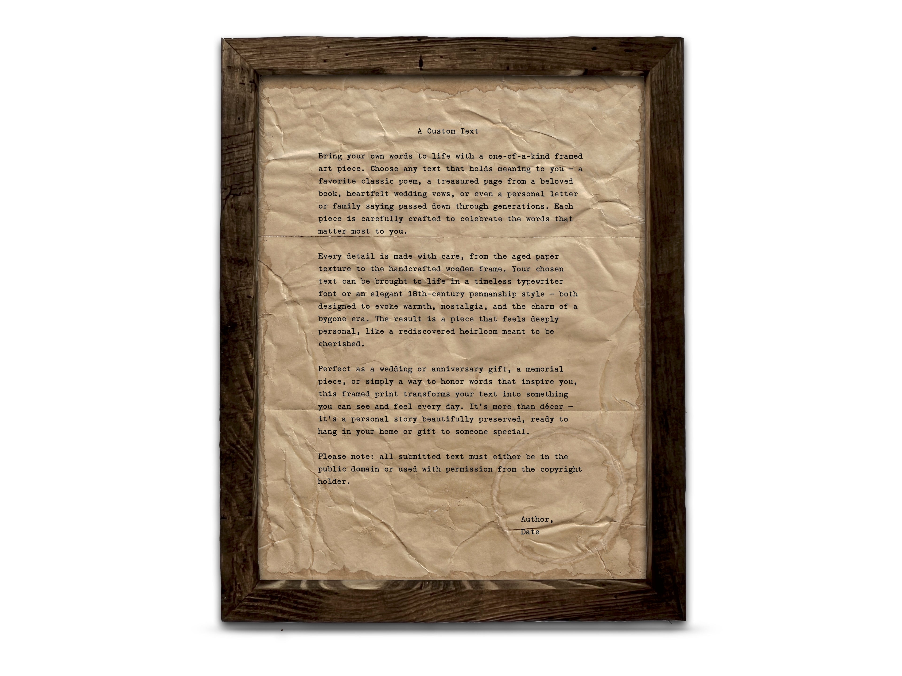 Handmade Aged Custom Poem, Quote, Book Page, Wedding Vows or Song Lyrics Print
