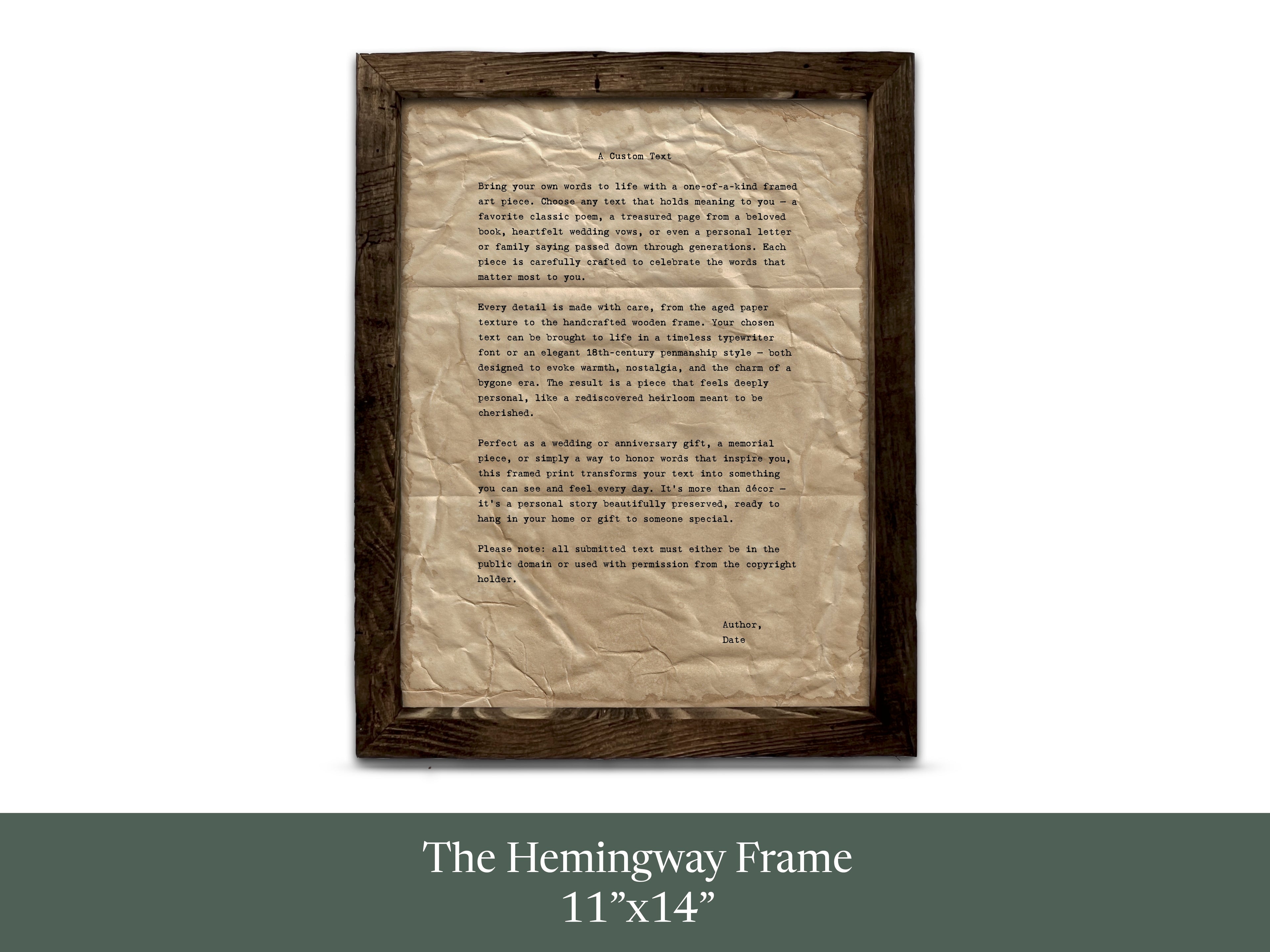 Handmade Aged Custom Poem, Quote, Book Page, Wedding Vows or Song Lyrics Print