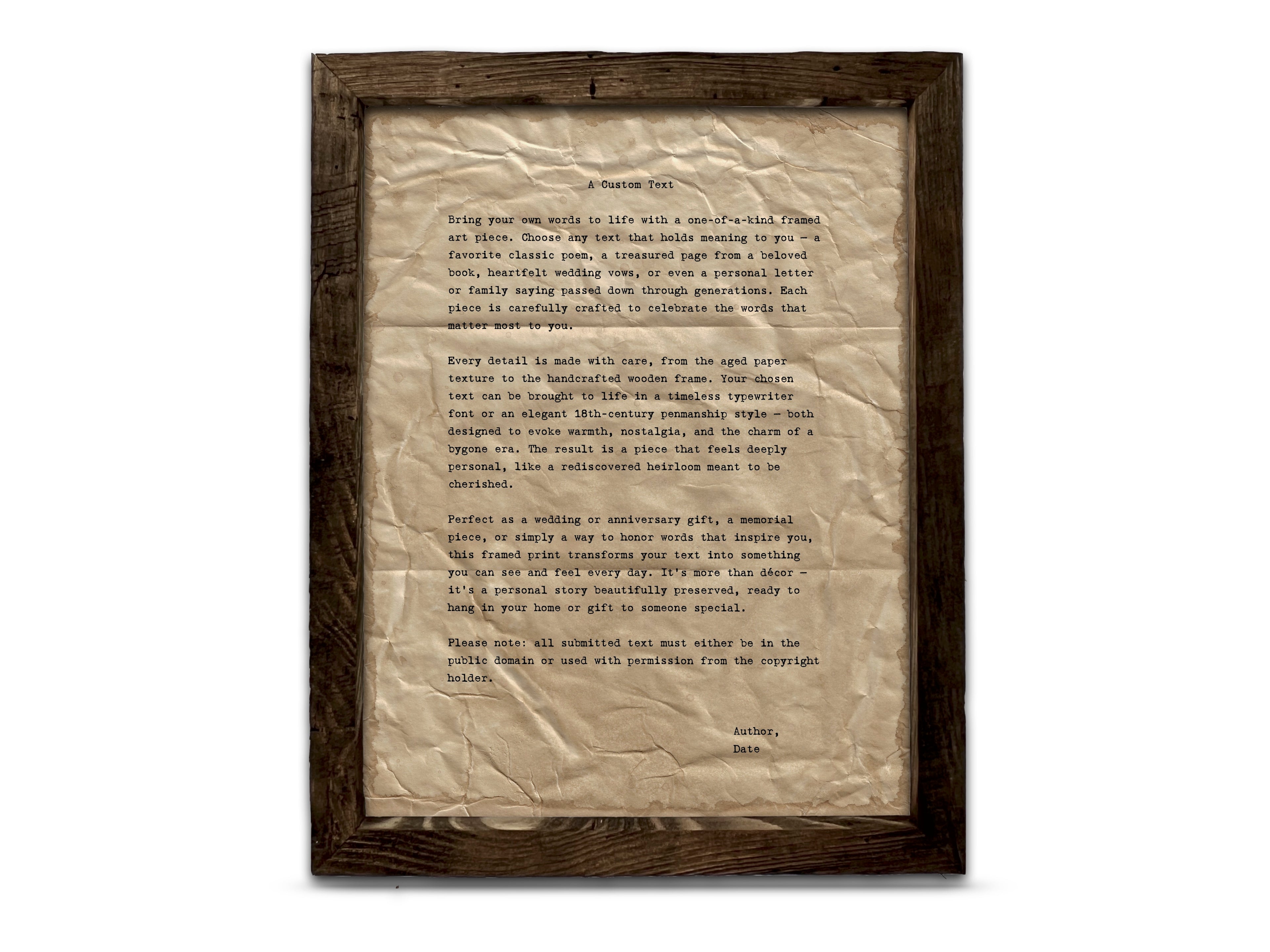 Handmade Aged Custom Poem, Quote, Book Page, Wedding Vows or Song Lyrics Print