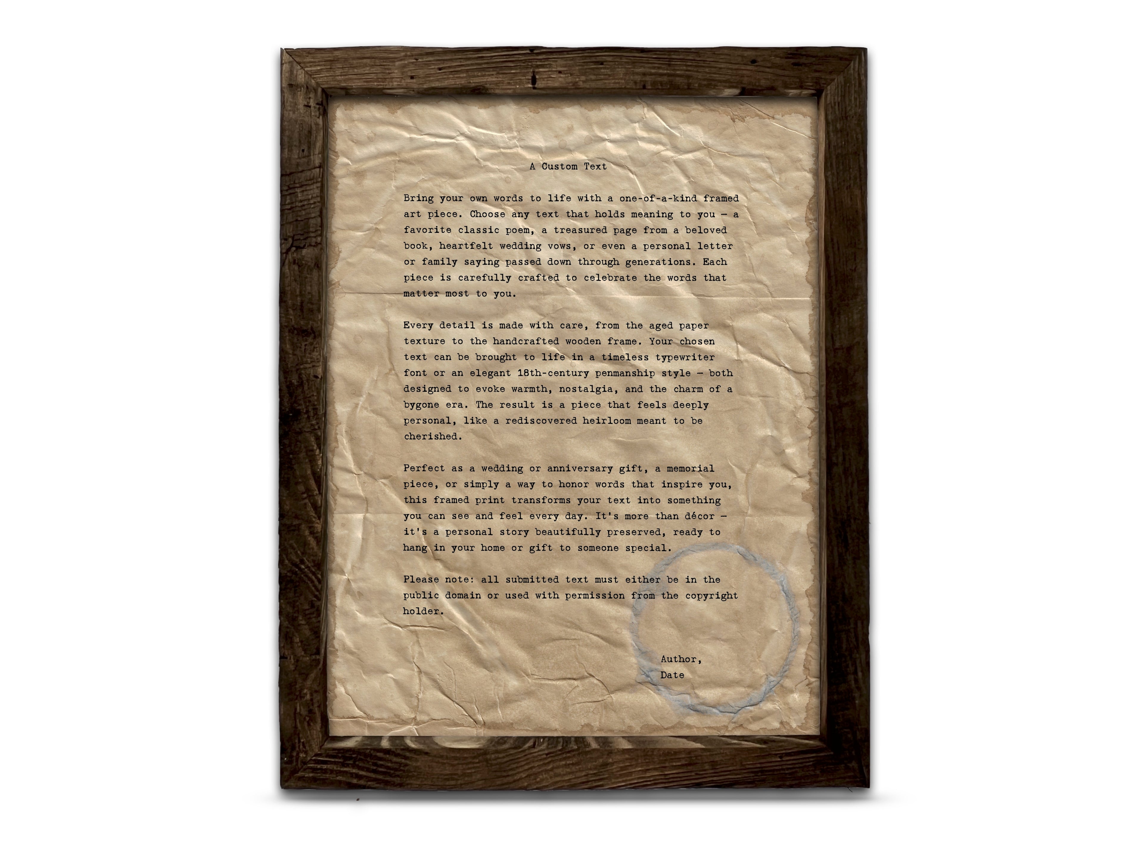 Handmade Aged Custom Poem, Quote, Book Page, Wedding Vows or Song Lyrics Print
