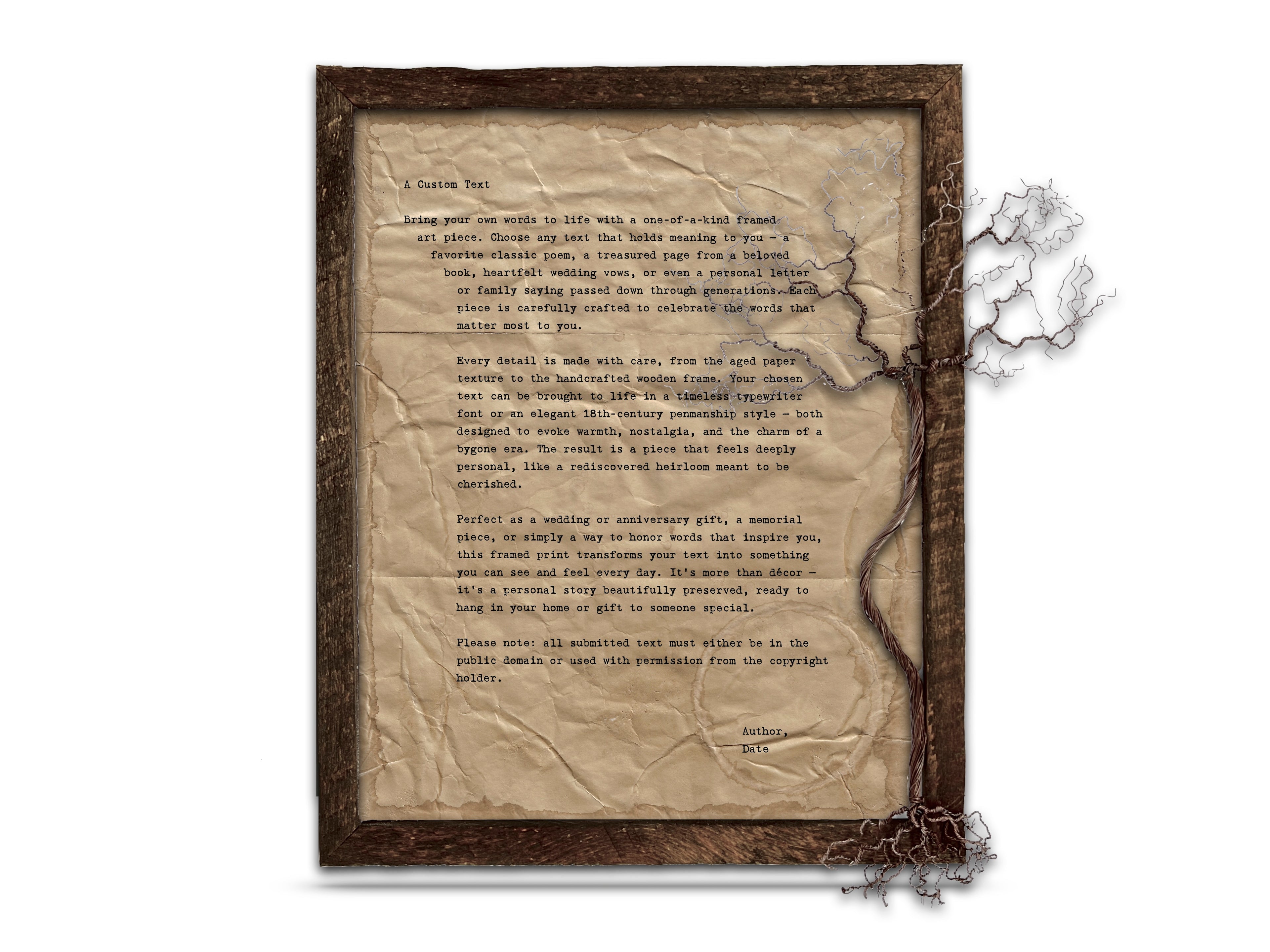 Handmade Aged Custom Poem, Quote, Book Page, Wedding Vows or Song Lyrics Print