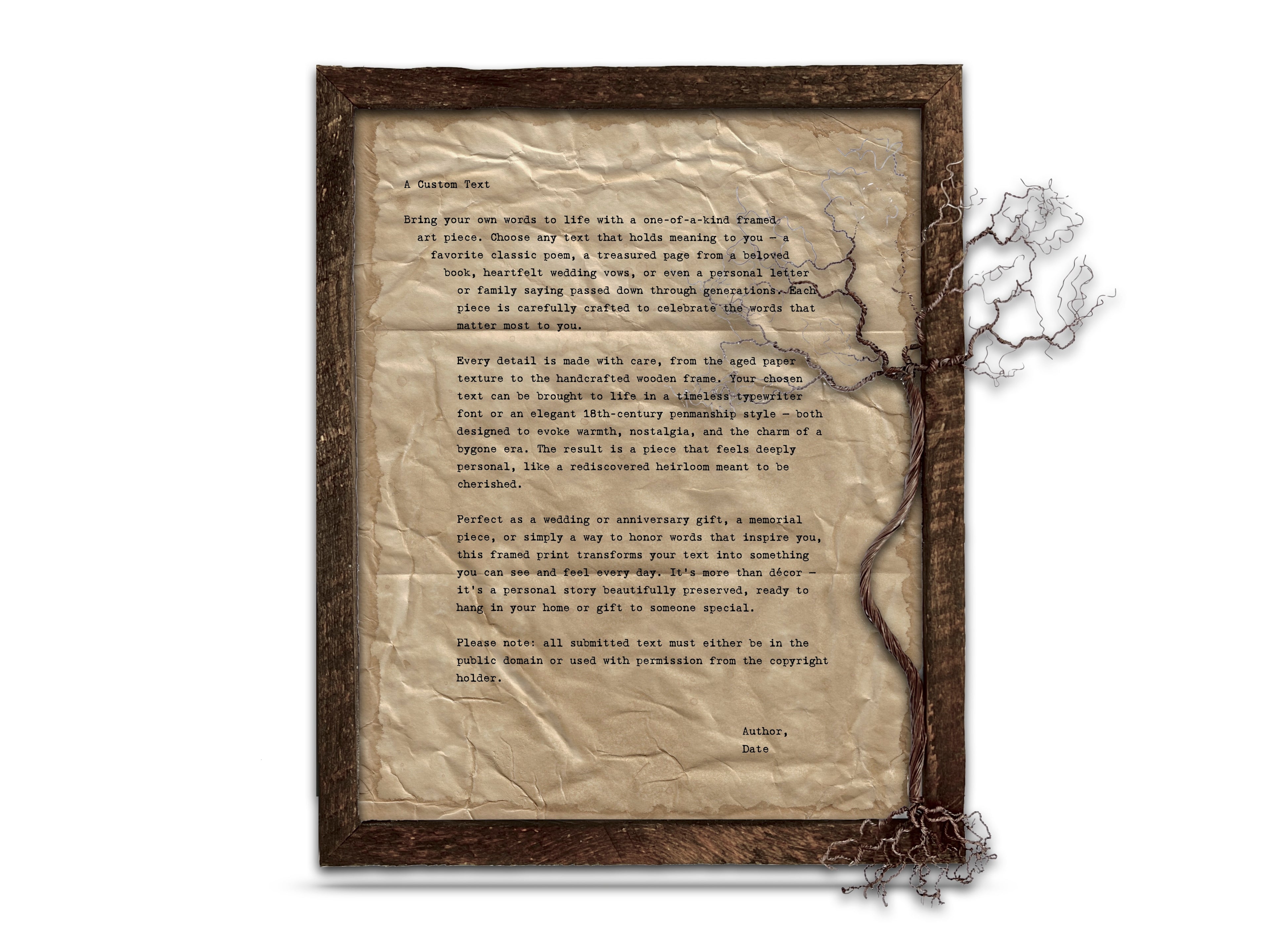 Handmade Aged Custom Poem, Quote, Book Page, Wedding Vows or Song Lyrics Print