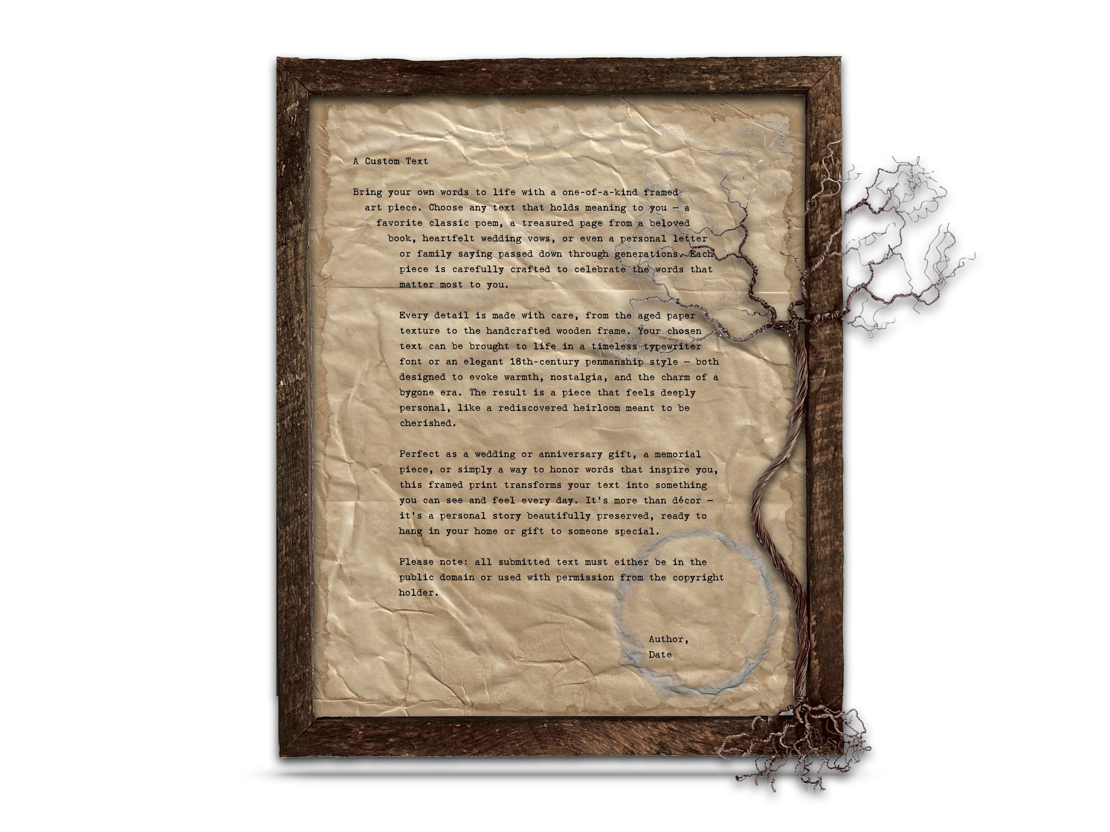 Handmade Aged Custom Poem, Quote, Book Page, Wedding Vows or Song Lyrics Print