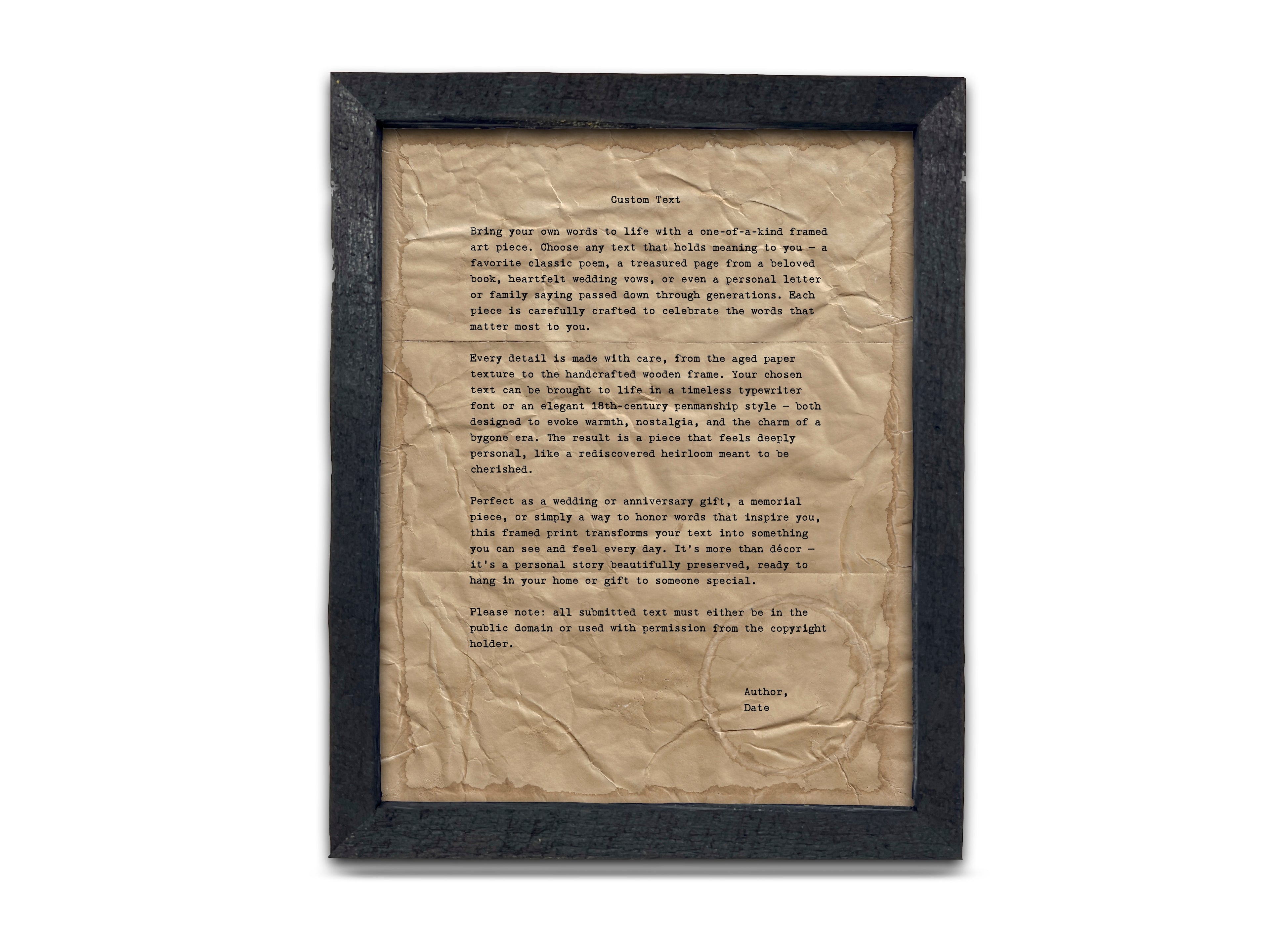 Handmade Aged Custom Poem, Quote, Book Page, Wedding Vows or Song Lyrics Print