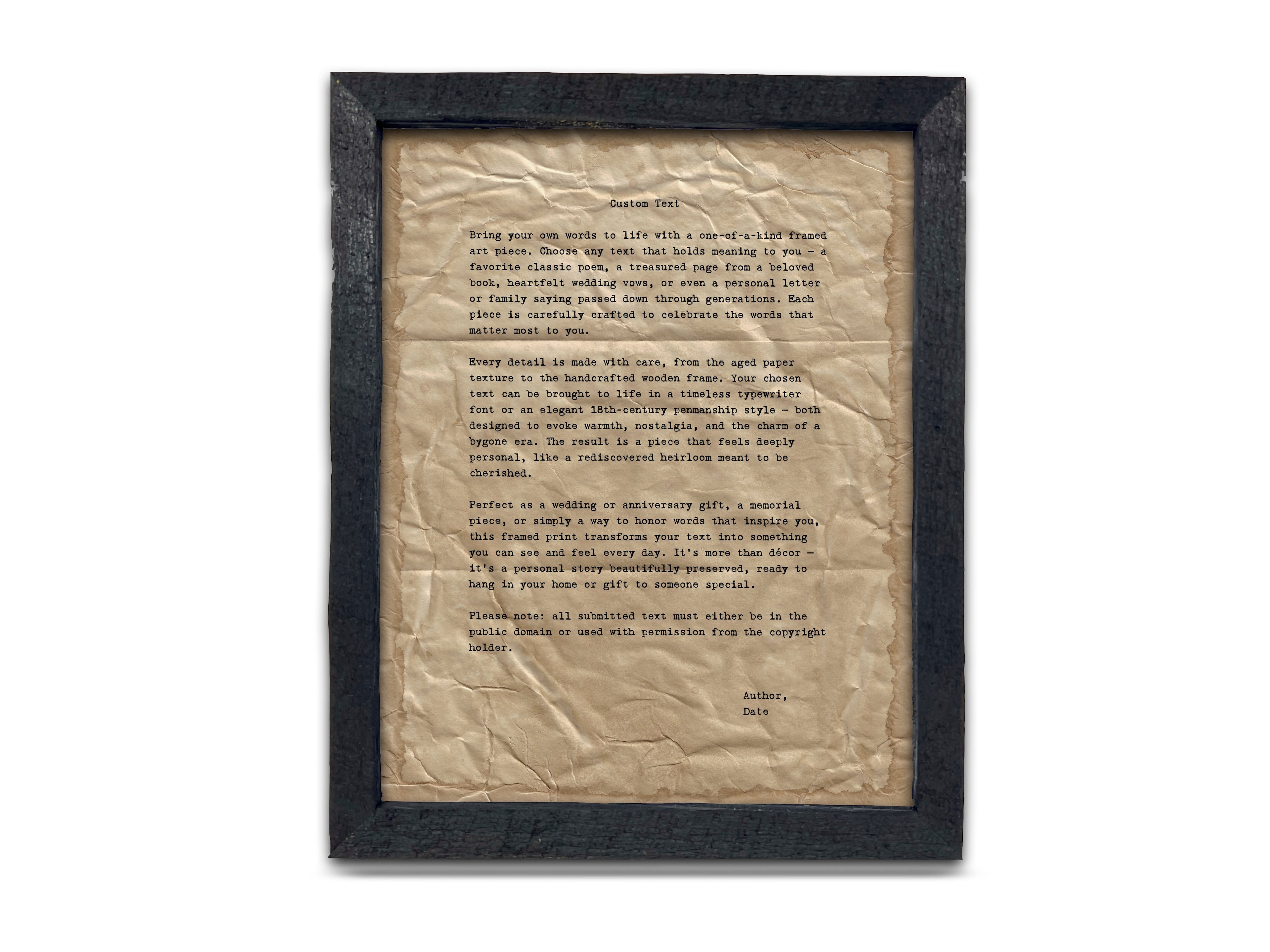 Handmade Aged Custom Poem, Quote, Book Page, Wedding Vows or Song Lyrics Print