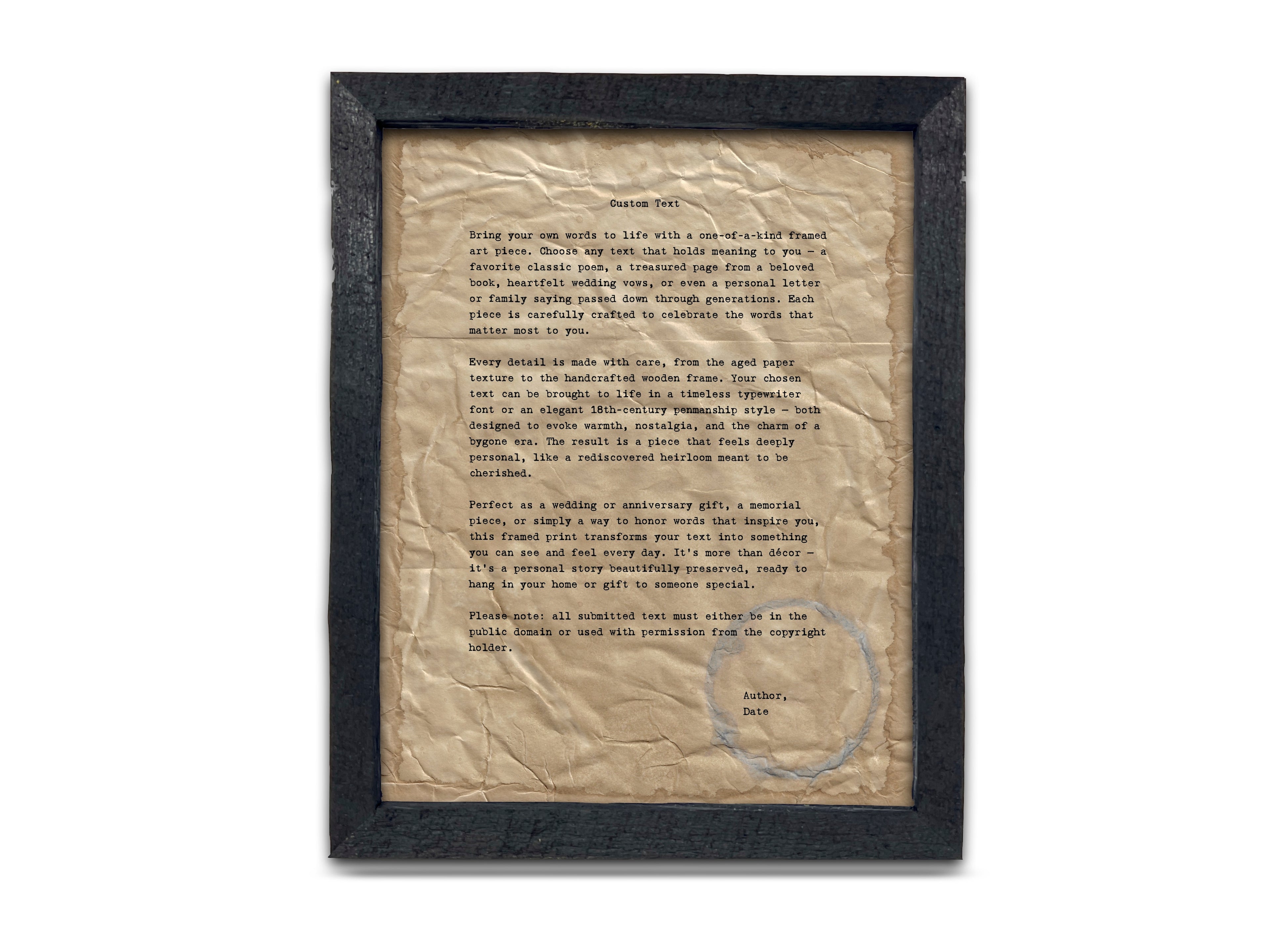 Handmade Aged Custom Poem, Quote, Book Page, Wedding Vows or Song Lyrics Print