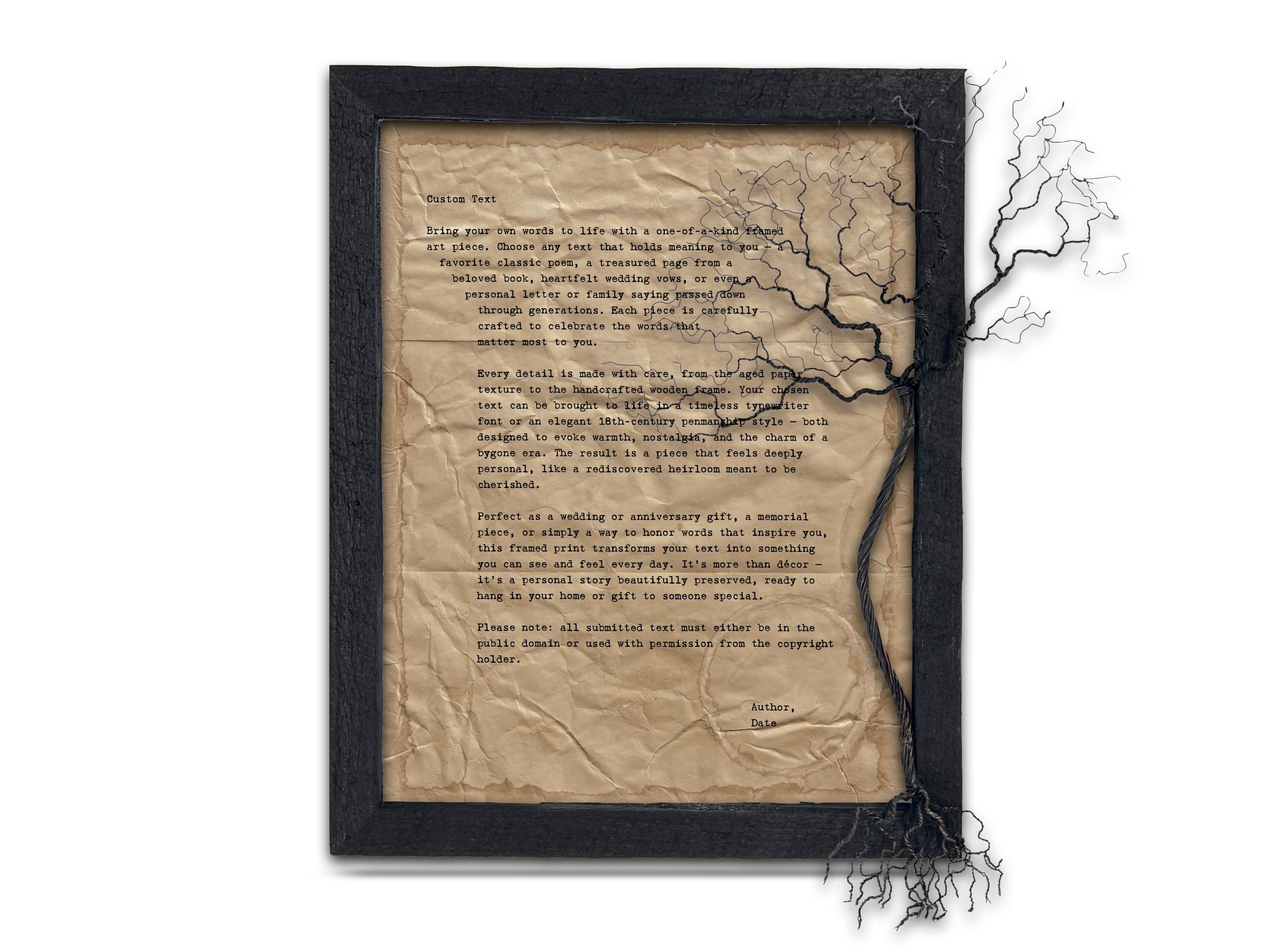 Handmade Aged Custom Poem, Quote, Book Page, Wedding Vows or Song Lyrics Print