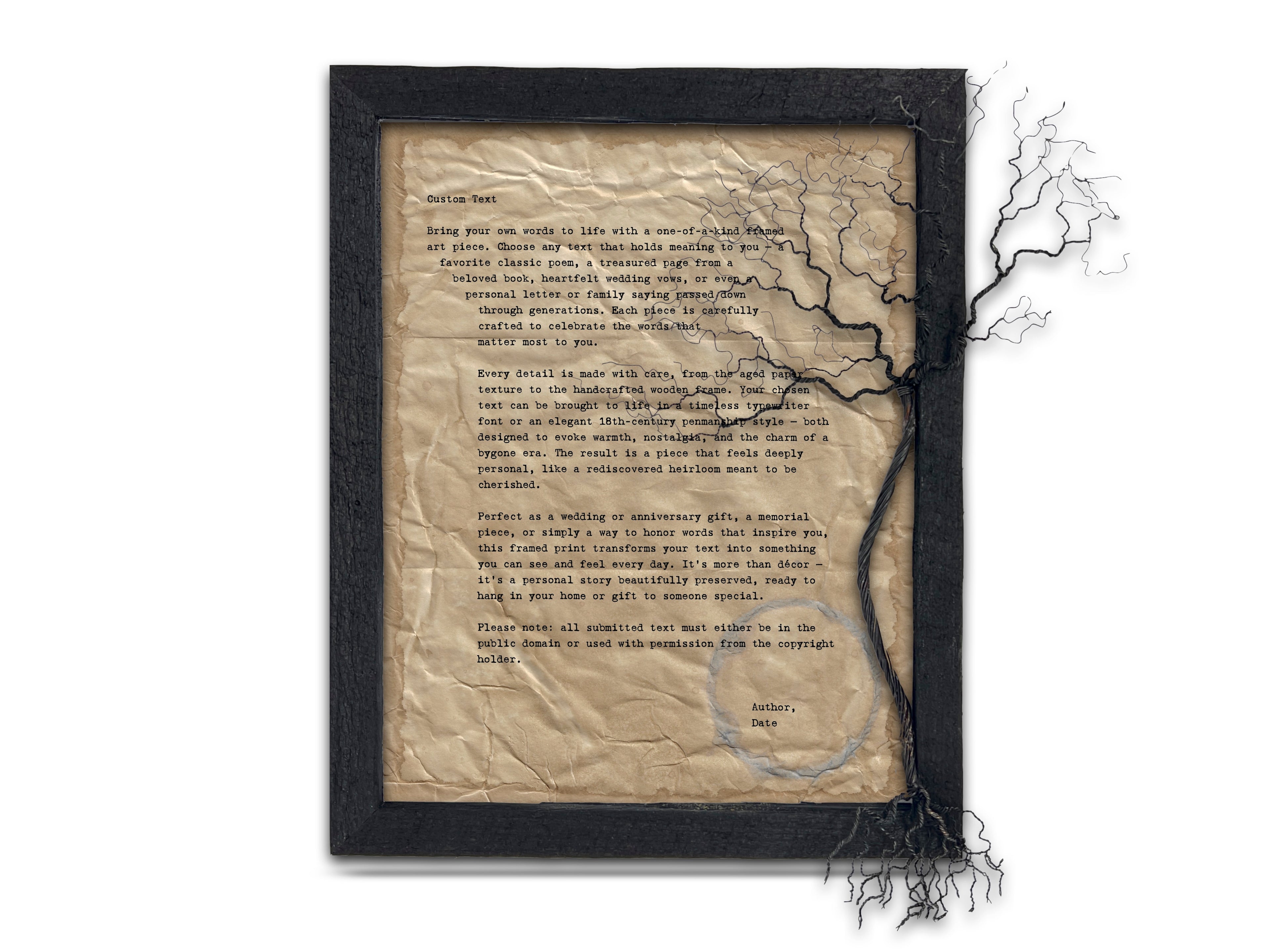 Handmade Aged Custom Poem, Quote, Book Page, Wedding Vows or Song Lyrics Print