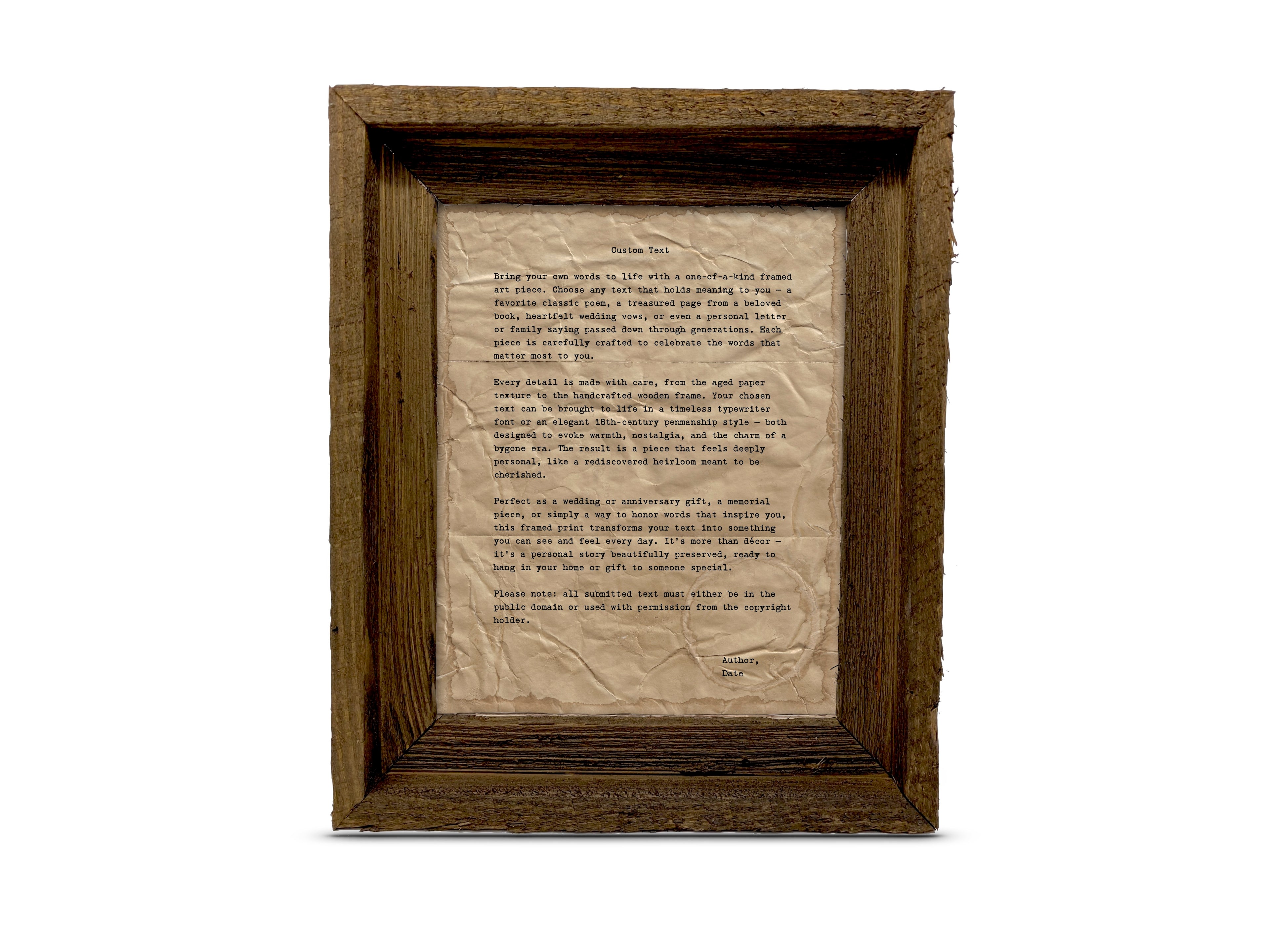 Handmade Aged Custom Poem, Quote, Book Page, Wedding Vows or Song Lyrics Print