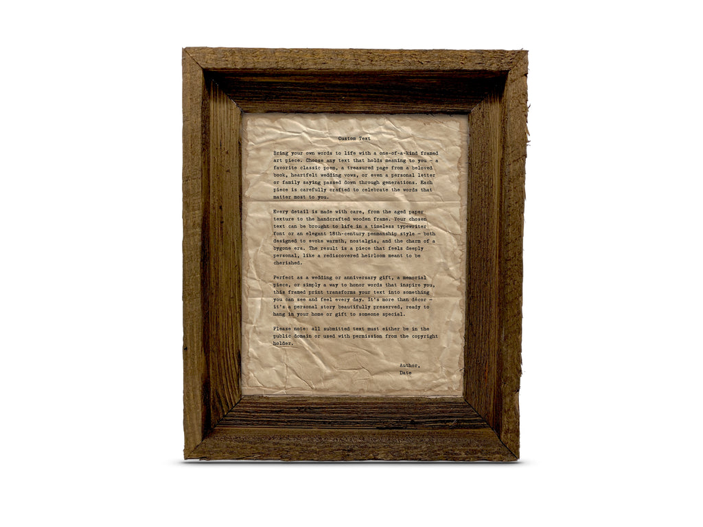 Handmade Aged Custom Poem, Quote, Book Page, Wedding Vows or Song Lyrics Print
