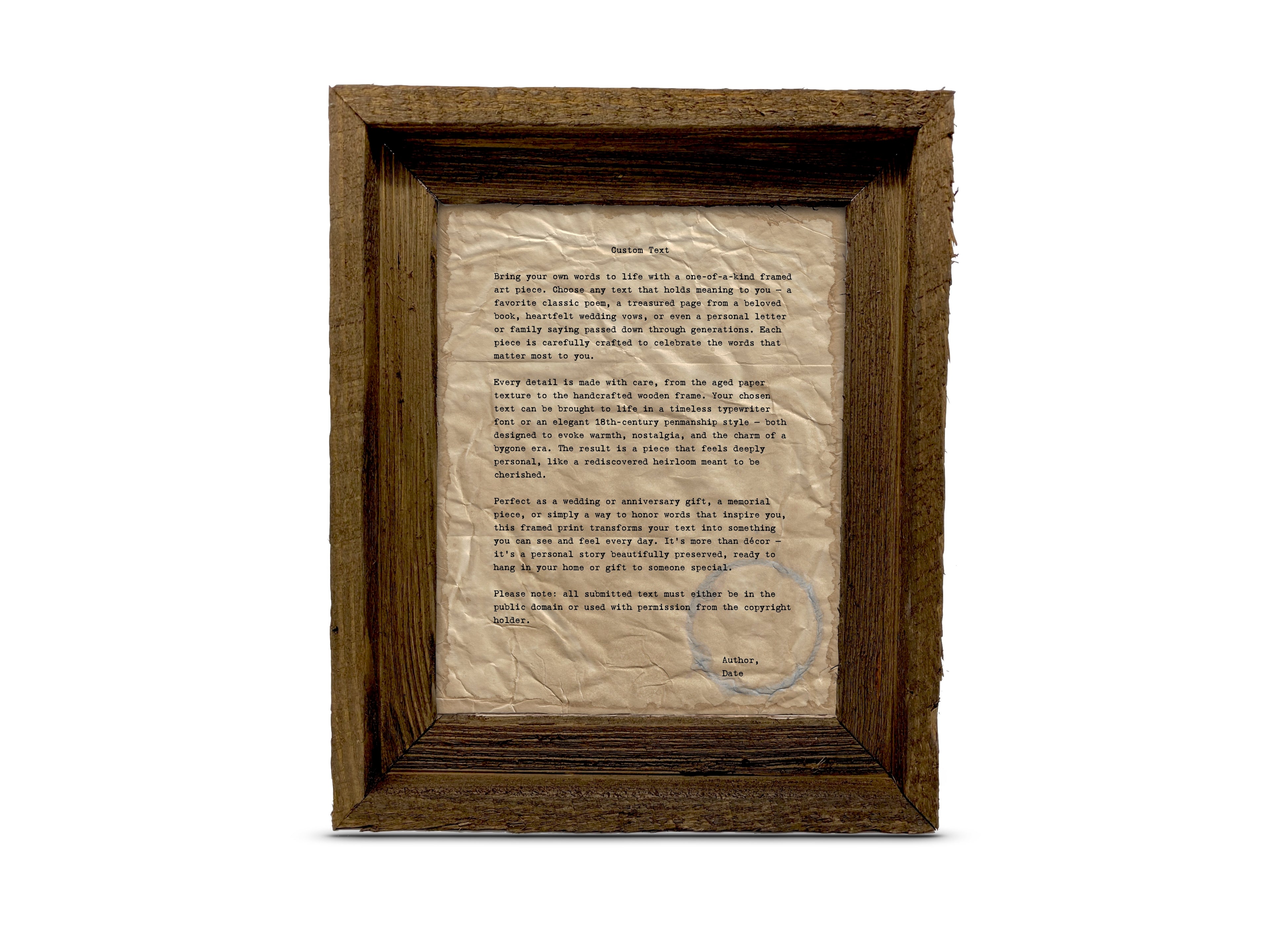 Handmade Aged Custom Poem, Quote, Book Page, Wedding Vows or Song Lyrics Print