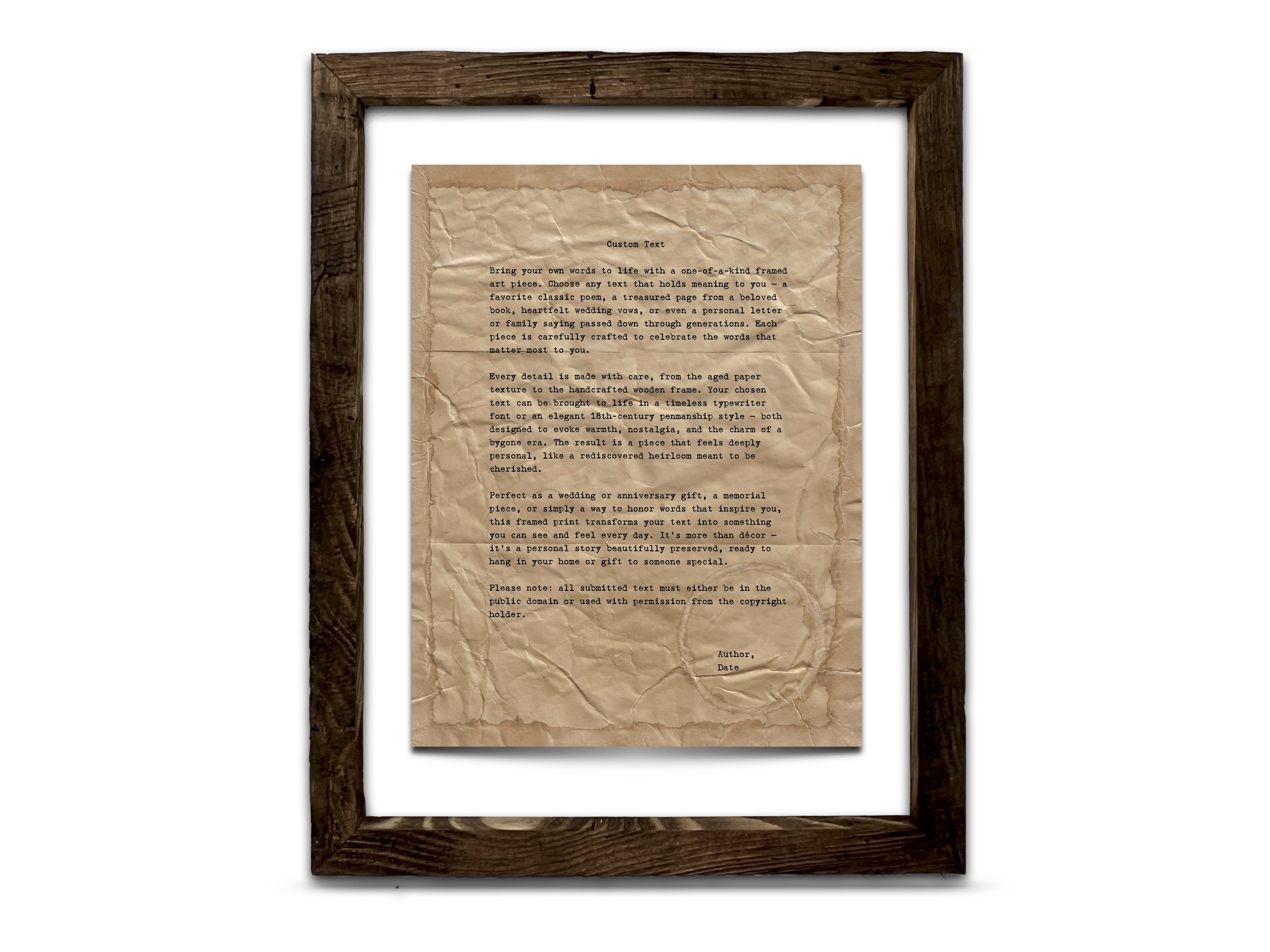 Handmade Aged Custom Poem, Quote, Book Page, Wedding Vows or Song Lyrics Print