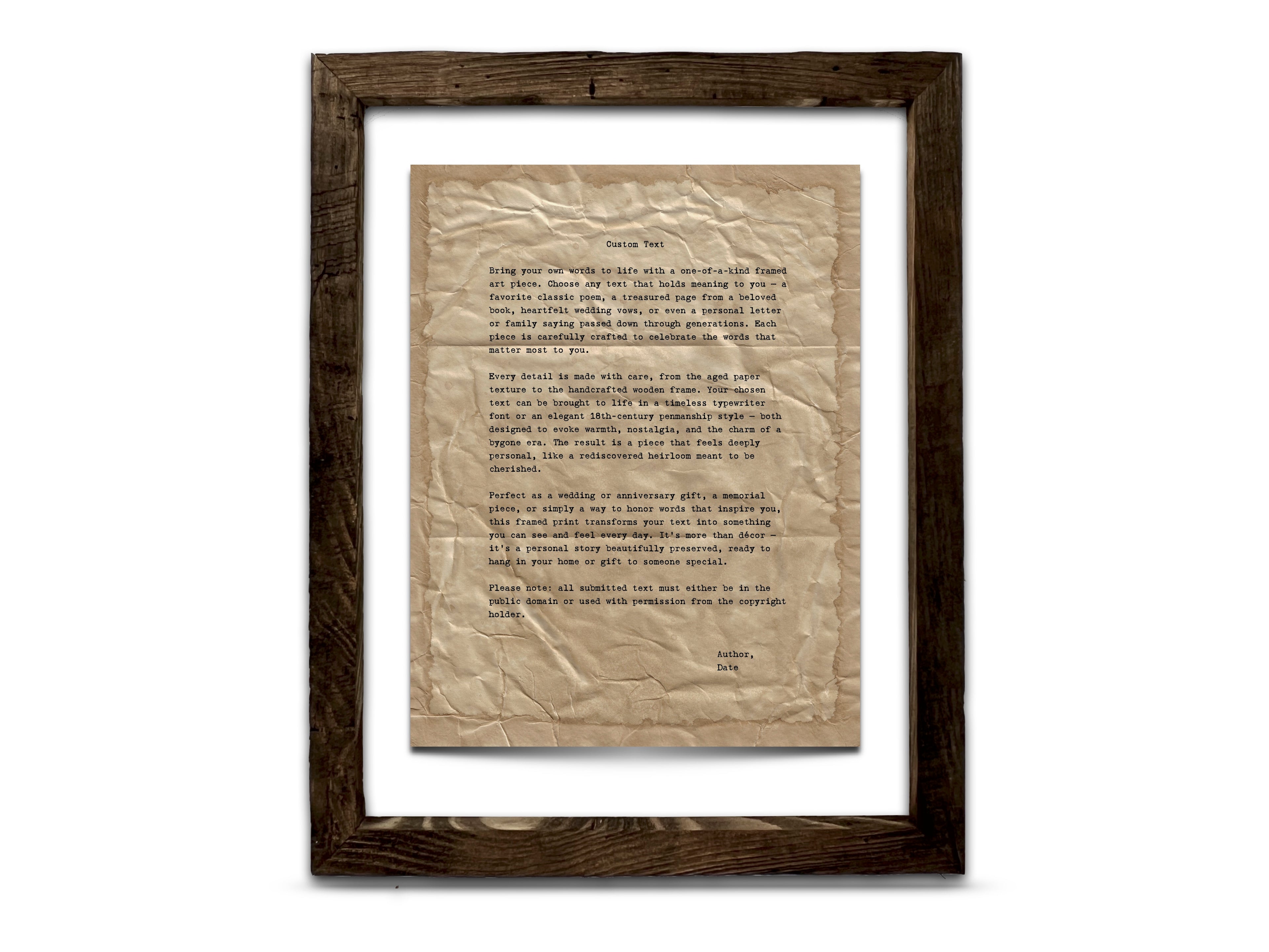 Handmade Aged Custom Poem, Quote, Book Page, Wedding Vows or Song Lyrics Print