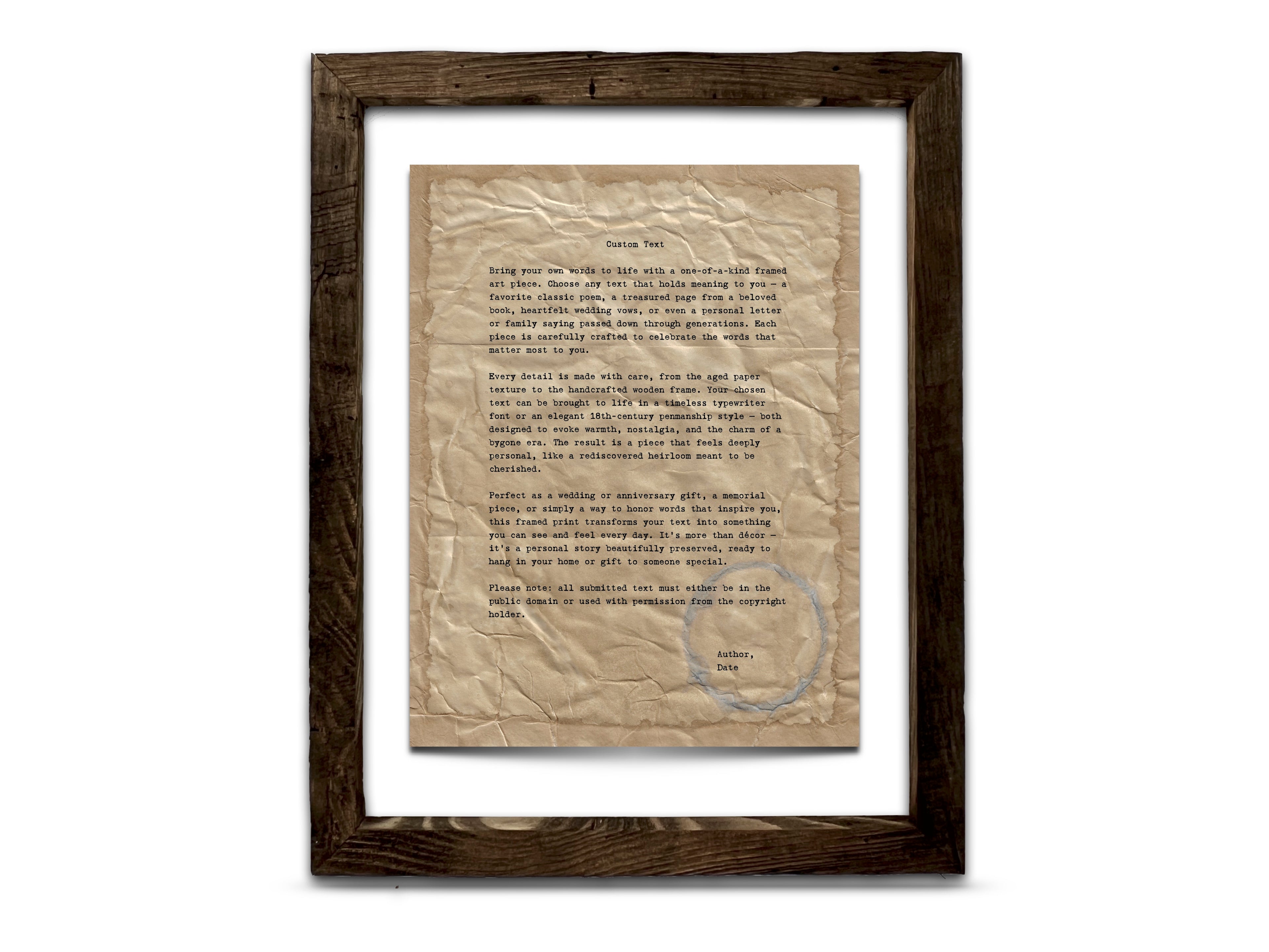 Handmade Aged Custom Poem, Quote, Book Page, Wedding Vows or Song Lyrics Print