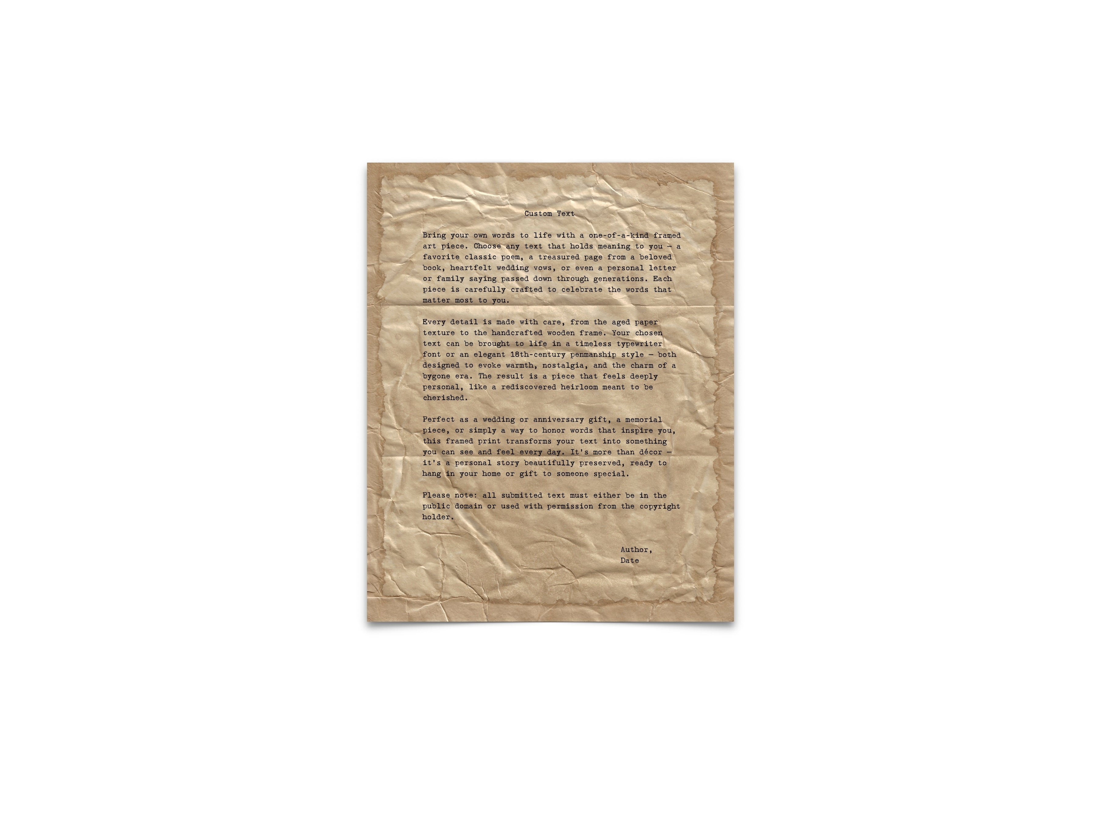 Handmade Aged Custom Poem, Quote, Book Page, Wedding Vows or Song Lyrics Print