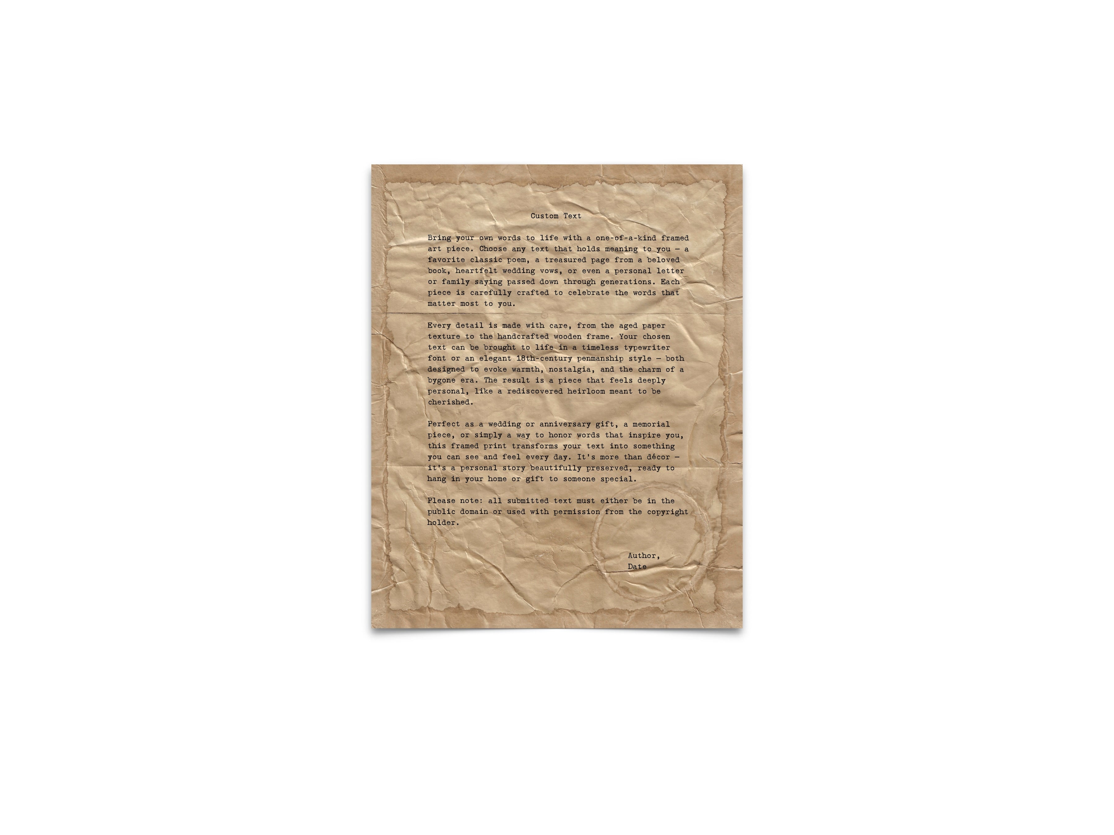 Handmade Aged Custom Poem, Quote, Book Page, Wedding Vows or Song Lyrics Print