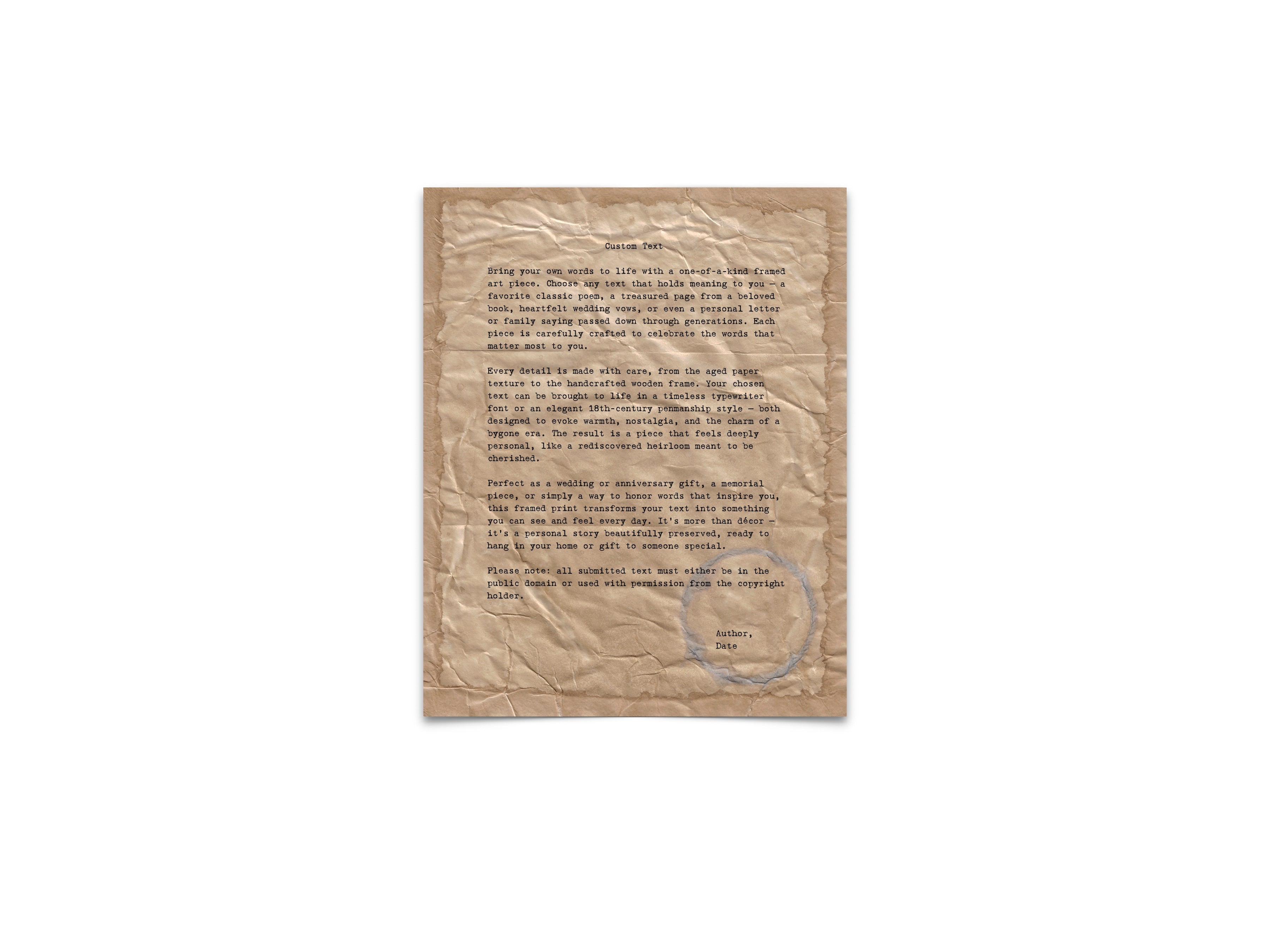 Handmade Aged Custom Poem, Quote, Book Page, Wedding Vows or Song Lyrics Print
