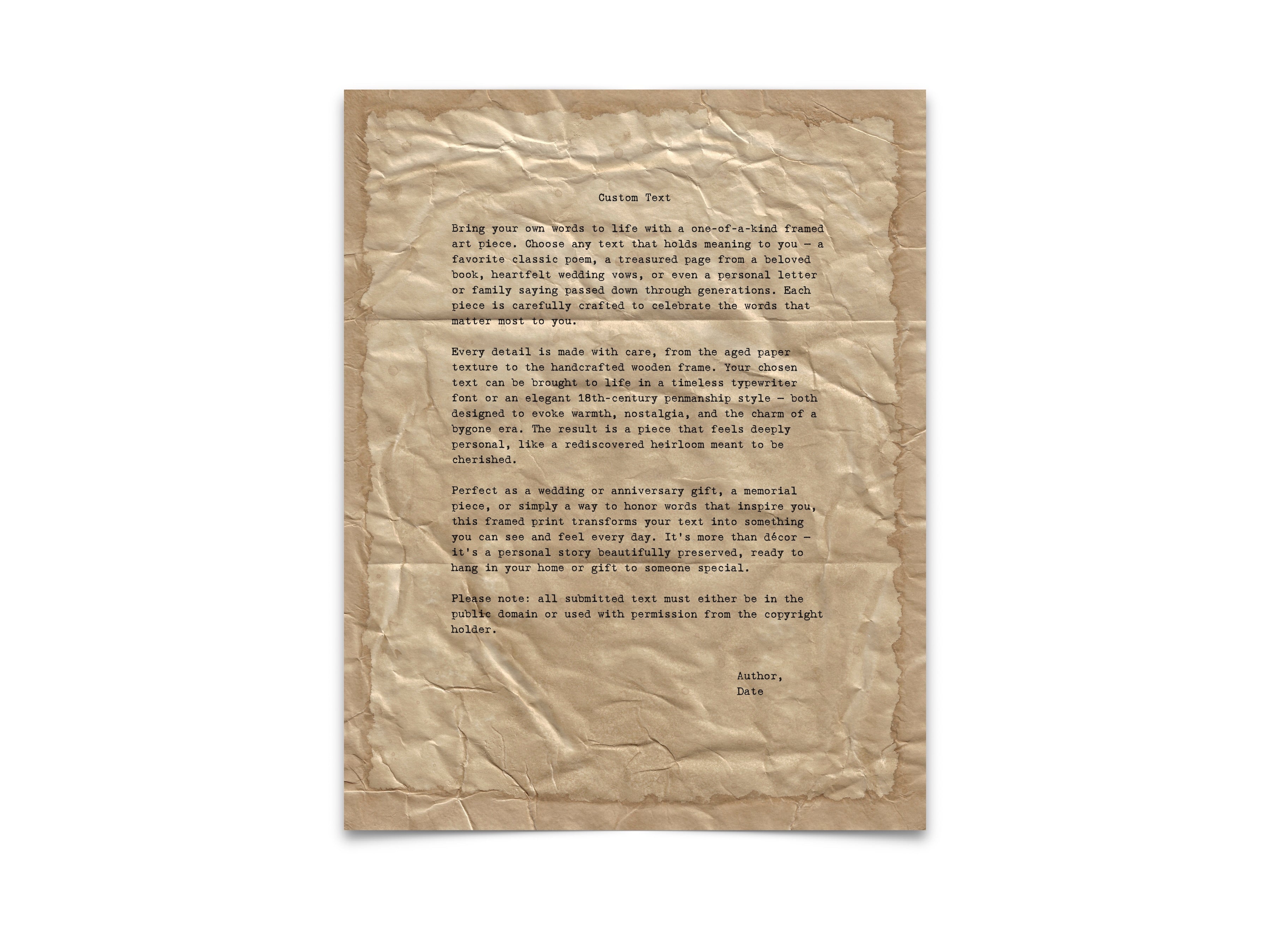 Handmade Aged Custom Poem, Quote, Book Page, Wedding Vows or Song Lyrics Print