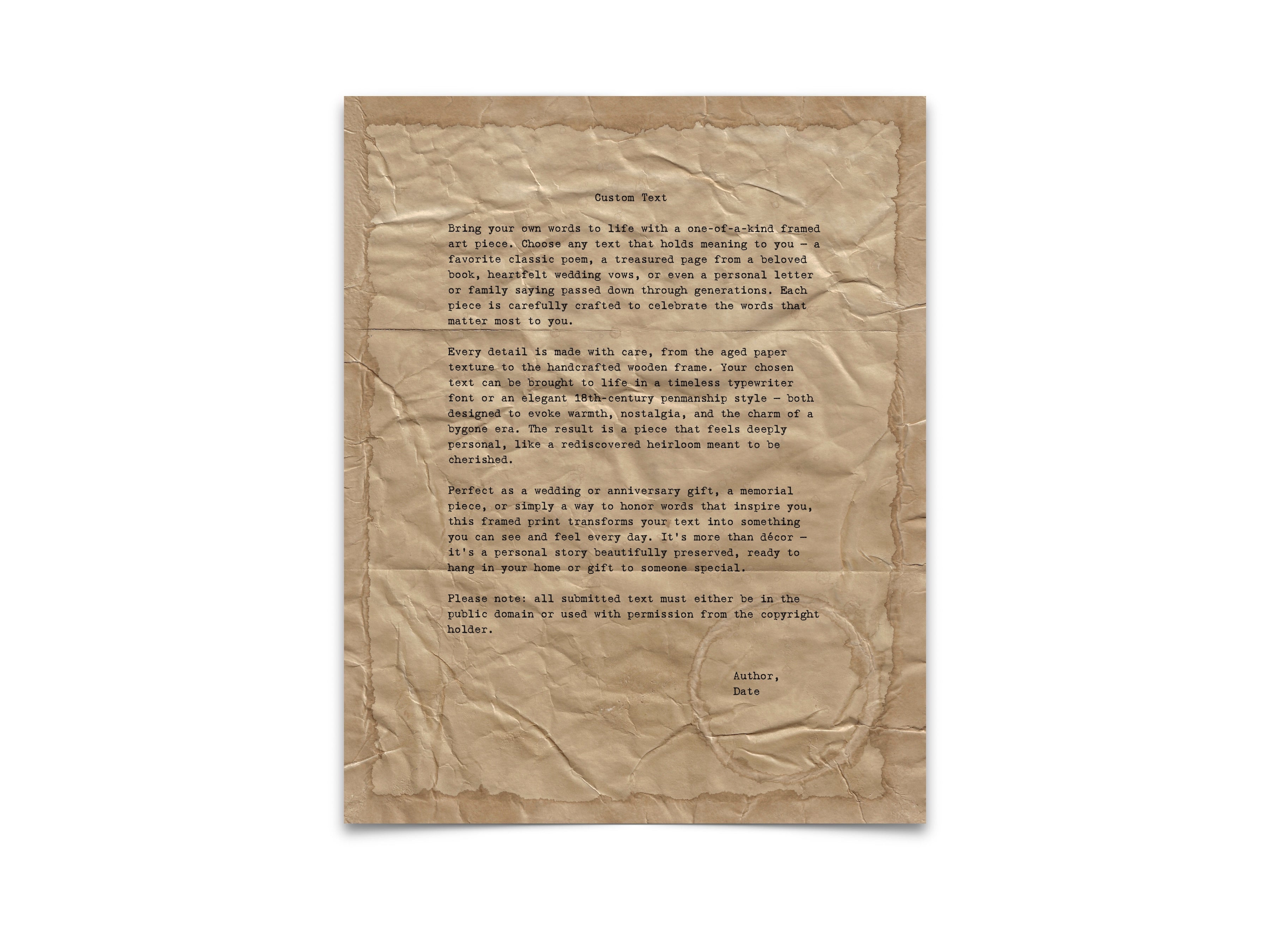 Handmade Aged Custom Poem, Quote, Book Page, Wedding Vows or Song Lyrics Print