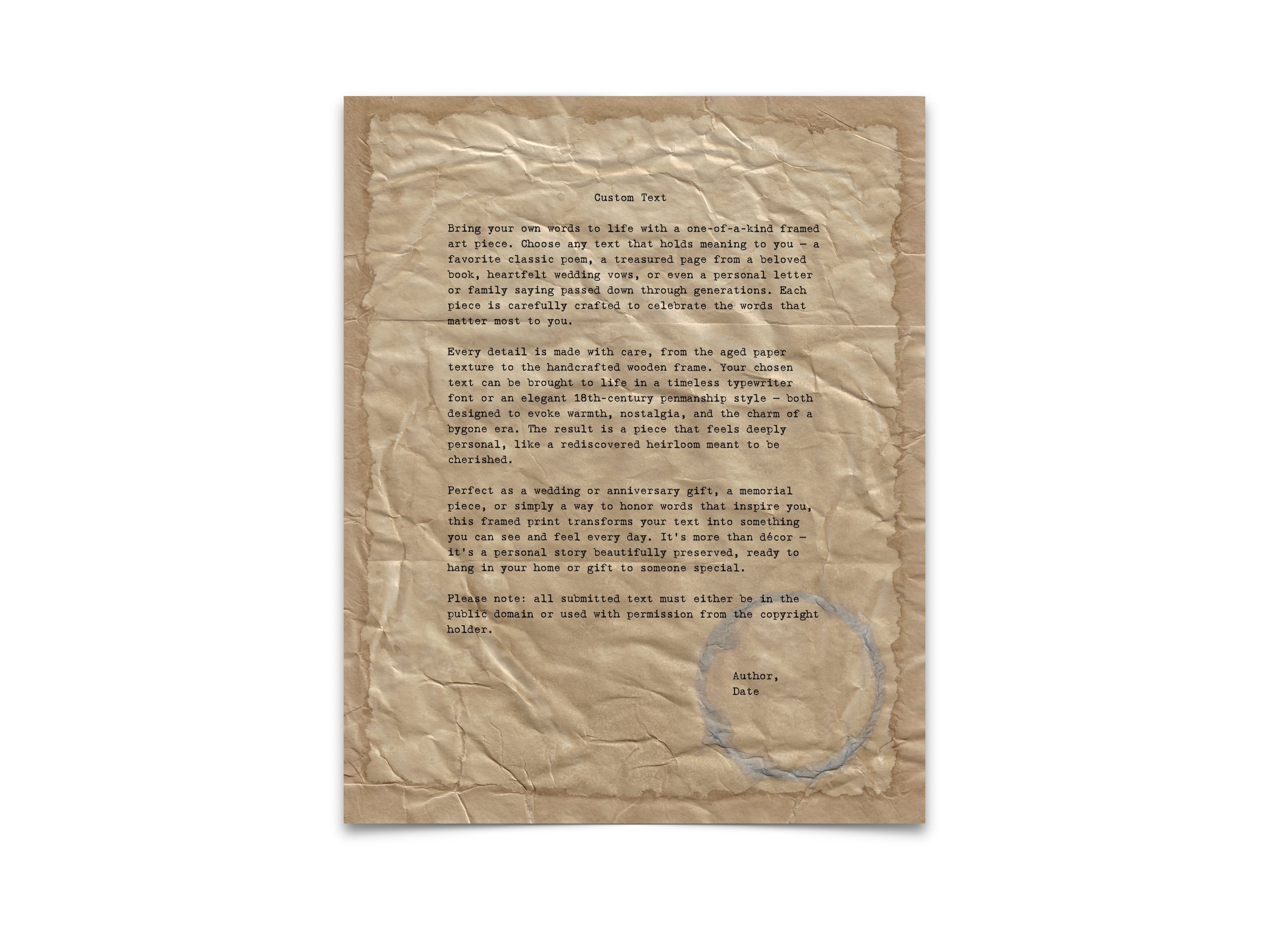 Handmade Aged Custom Poem, Quote, Book Page, Wedding Vows or Song Lyrics Print