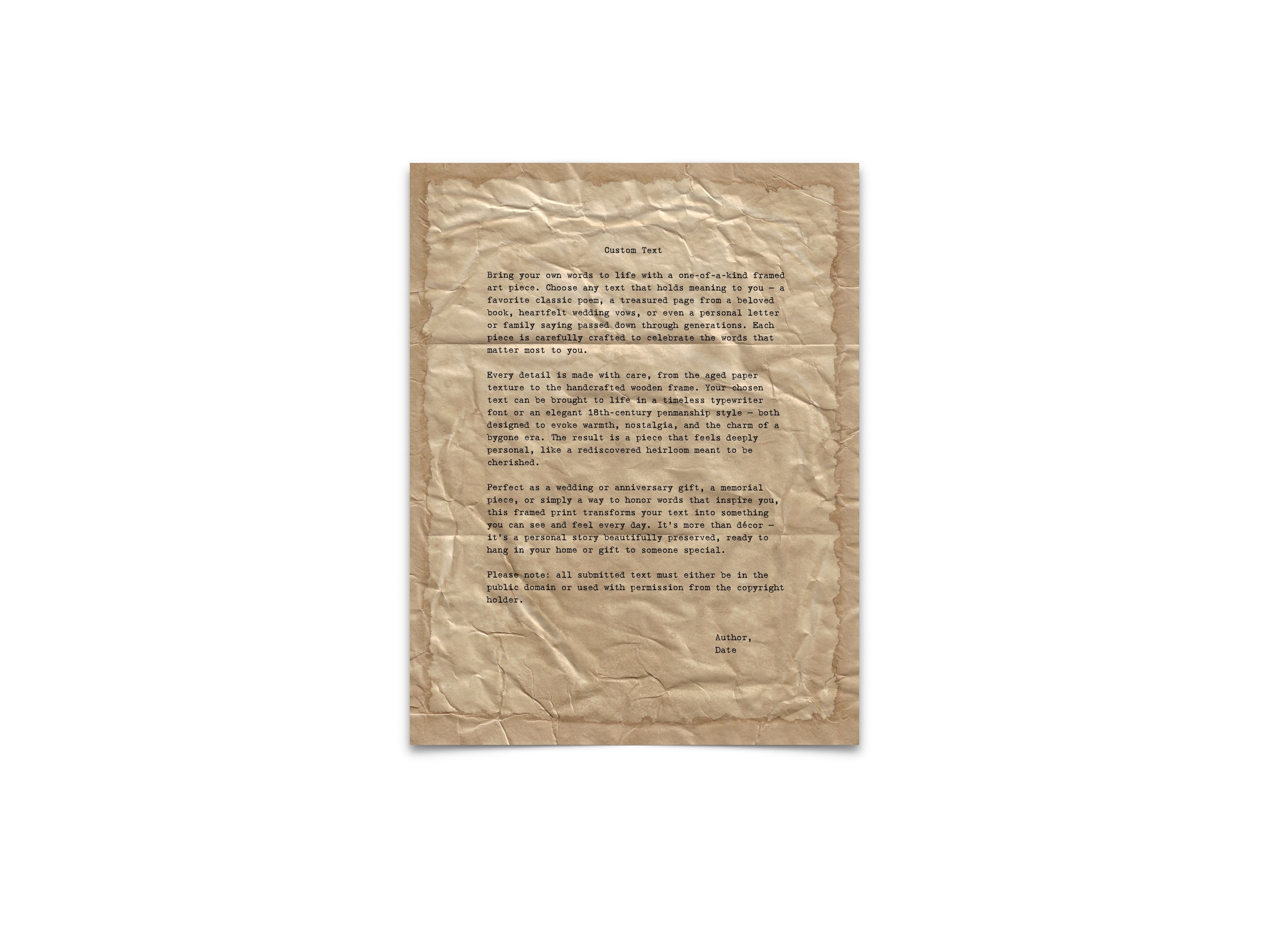 Handmade Aged Custom Poem, Quote, Book Page, Wedding Vows or Song Lyrics Print