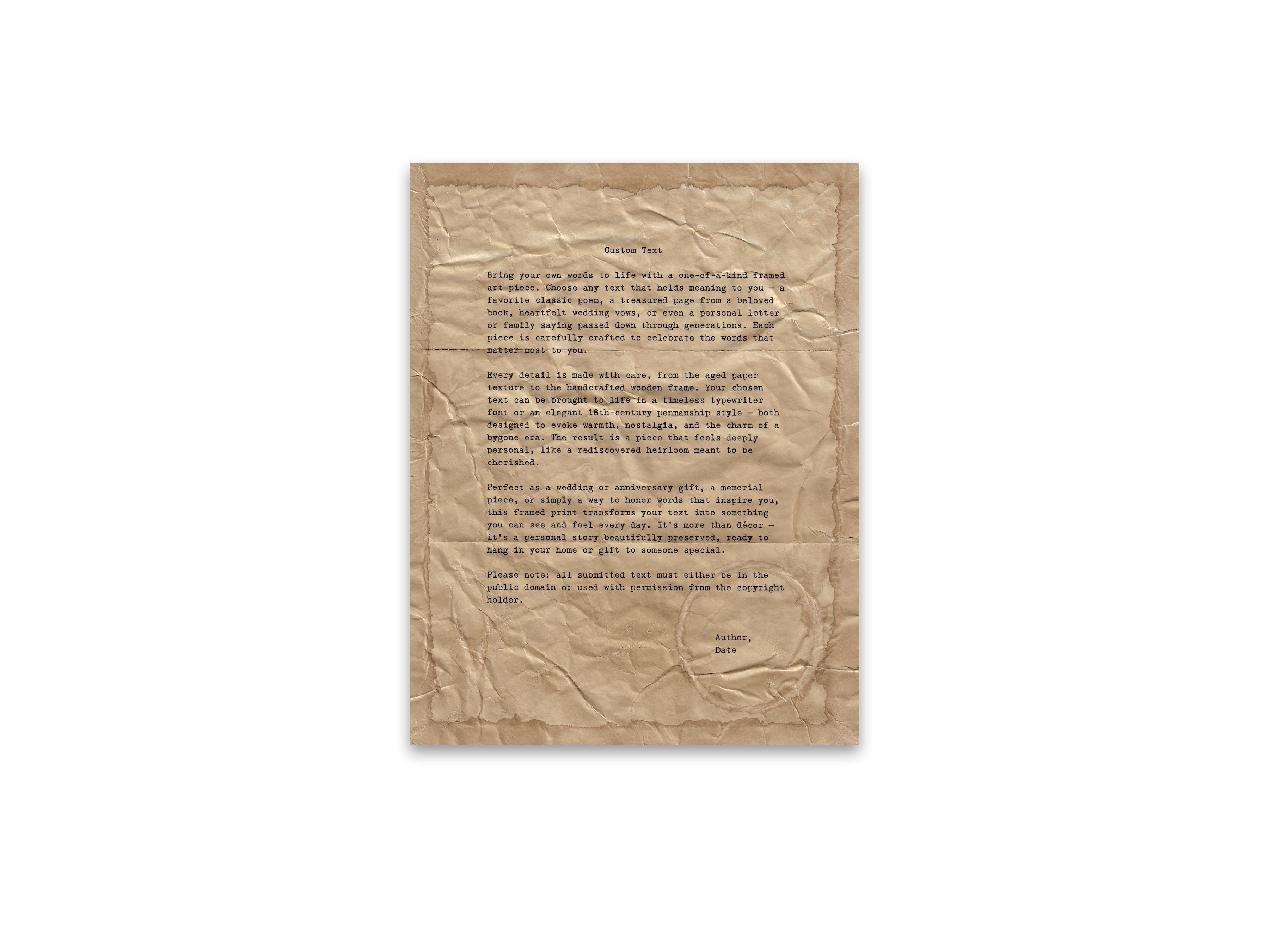 Handmade Aged Custom Poem, Quote, Book Page, Wedding Vows or Song Lyrics Print