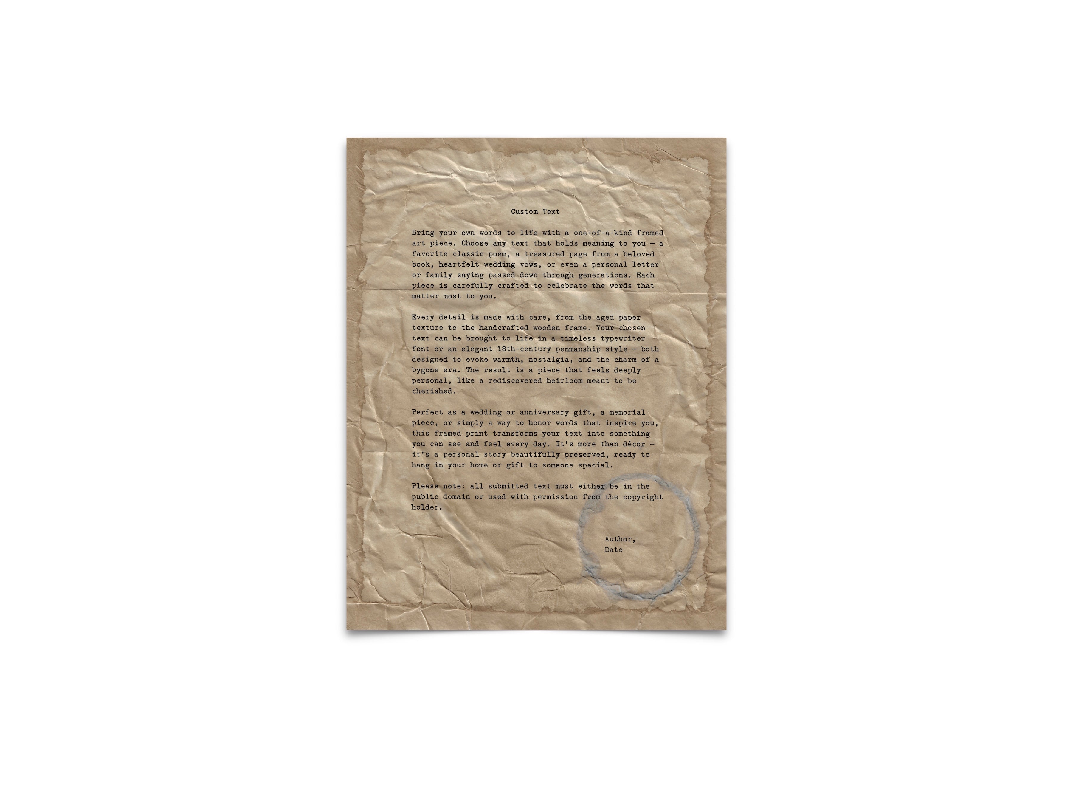 Handmade Aged Custom Poem, Quote, Book Page, Wedding Vows or Song Lyrics Print