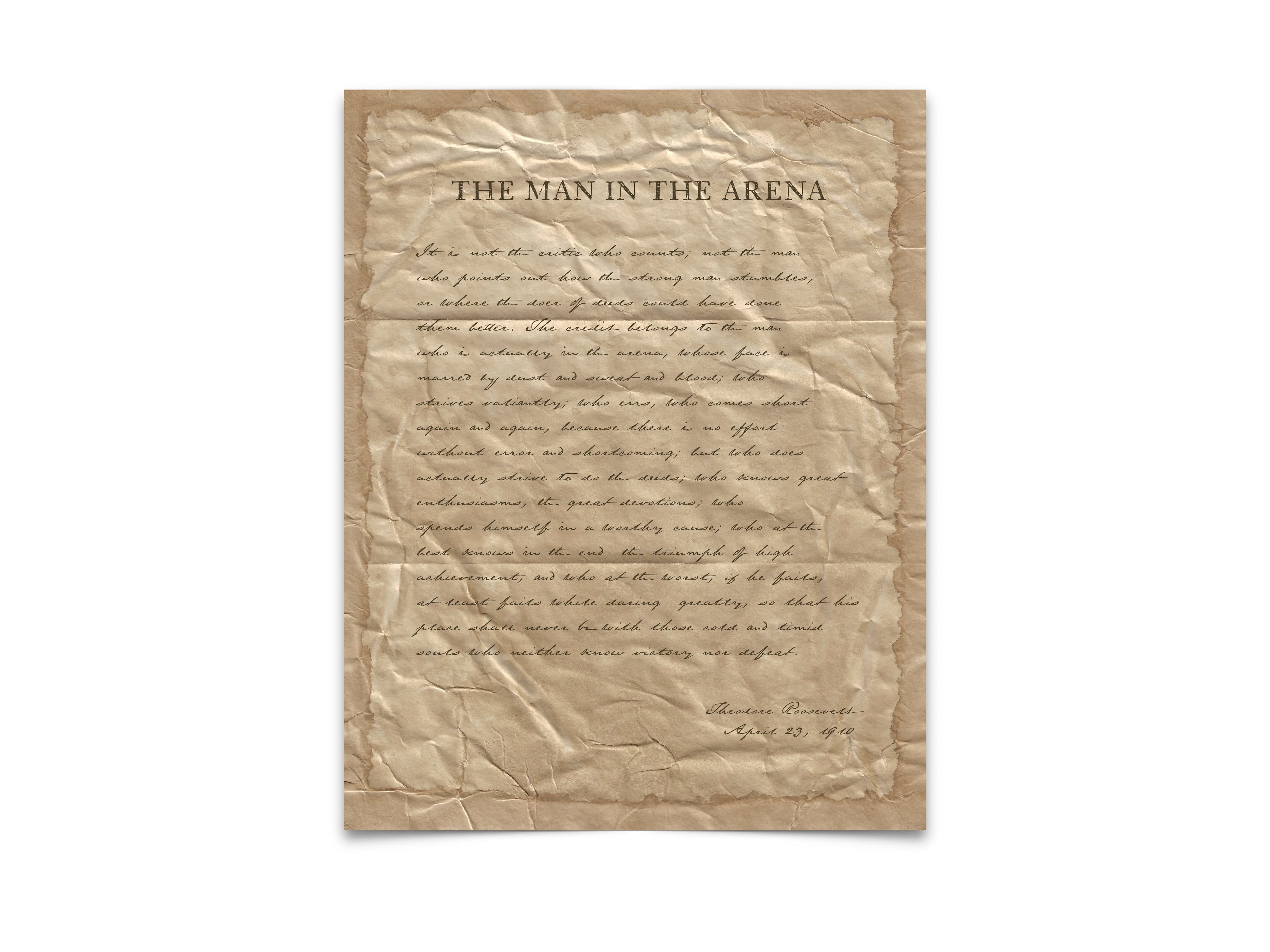 The Man in the Arena by Theodore "Teddy" Roosevelt - Handwritten Style