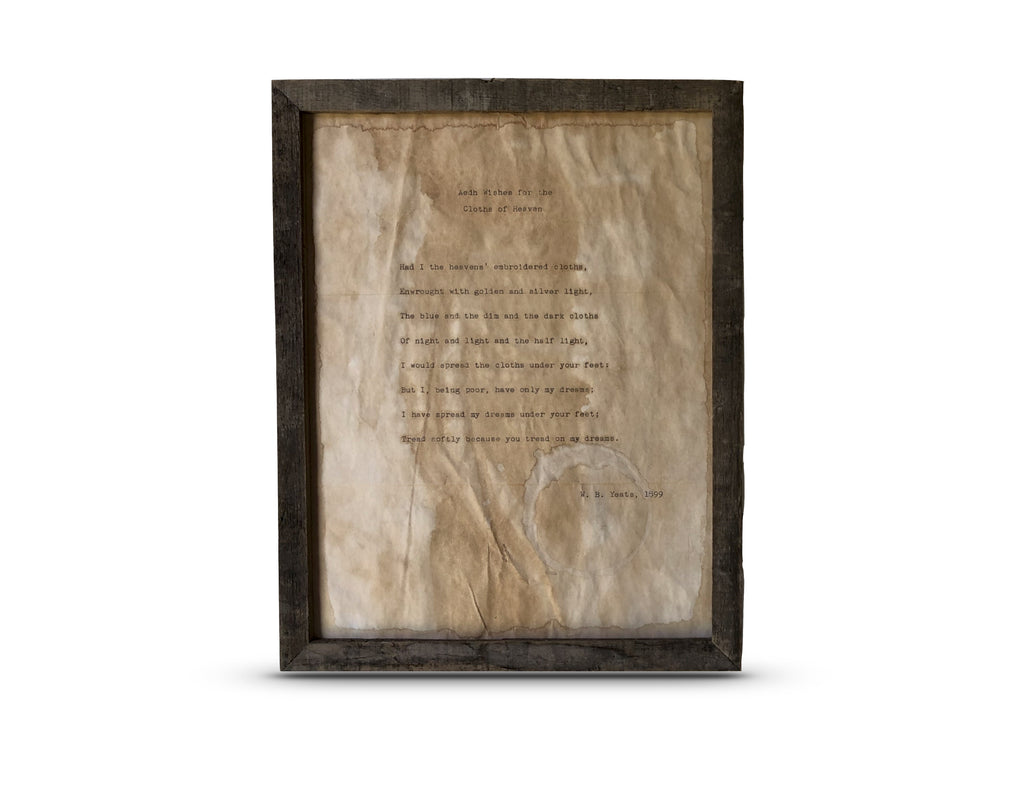 Aedh Wishes for the Cloths of Heaven by William Butler Yeats. Vintage poem print. Typewritten. 