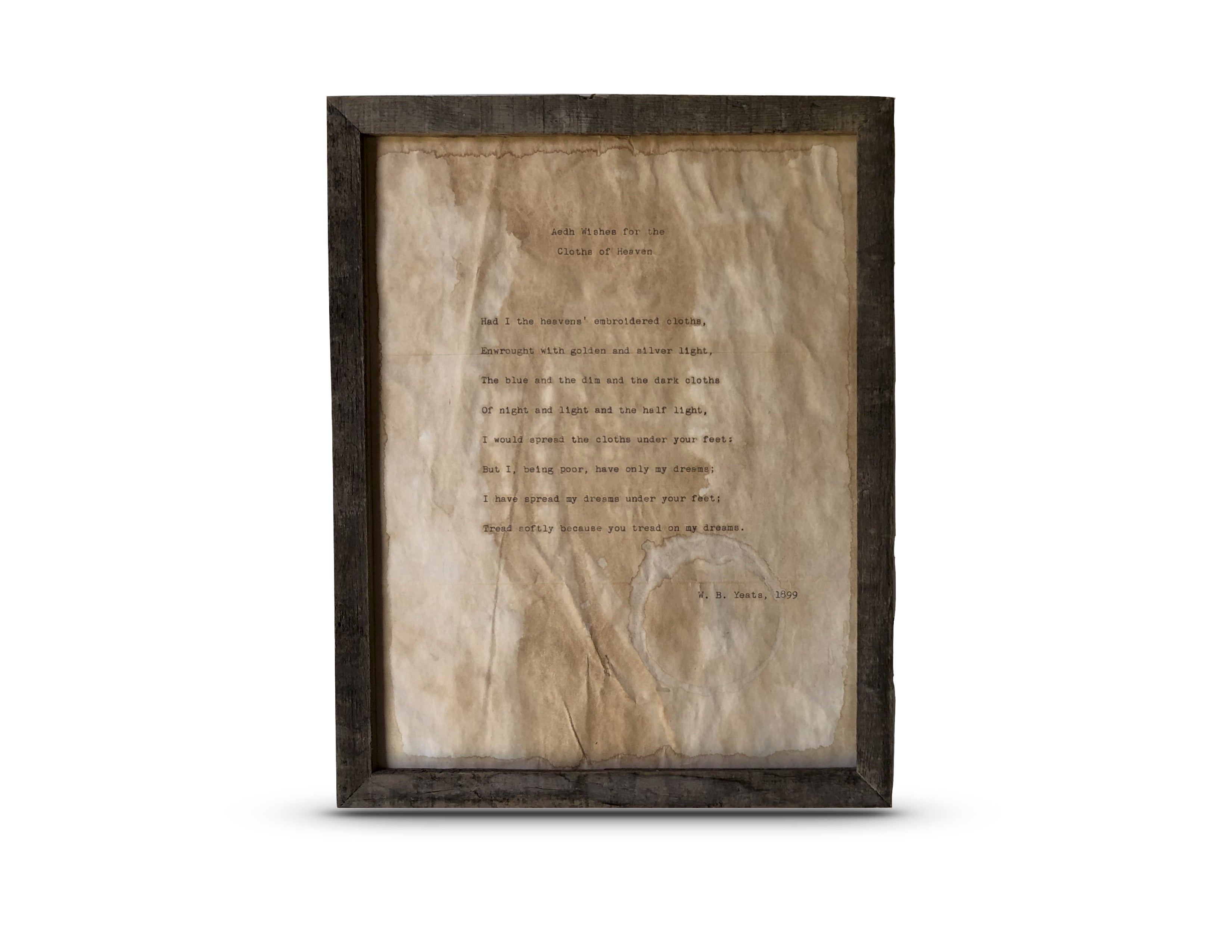 Aedh Wishes for the Cloths of Heaven by William Butler Yeats. Vintage poem print. Typewritten. 