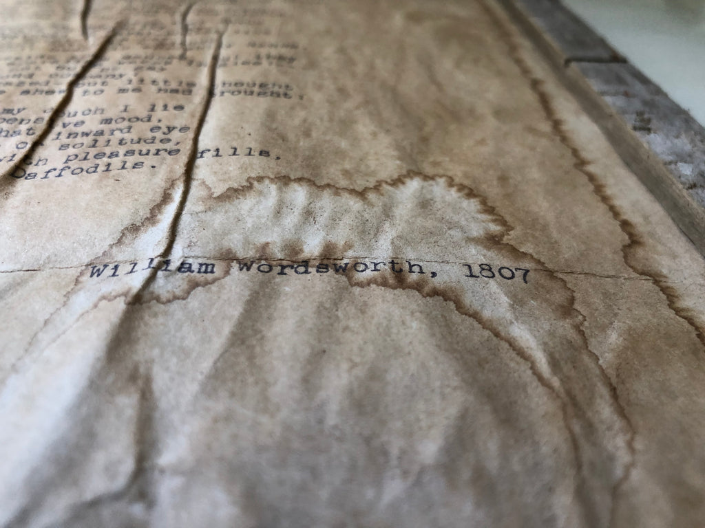 Daffodils (I Wandered Lonely as a Cloud) by William Wordsworth. Vintage Poem Print.  Close up of distressed text. 