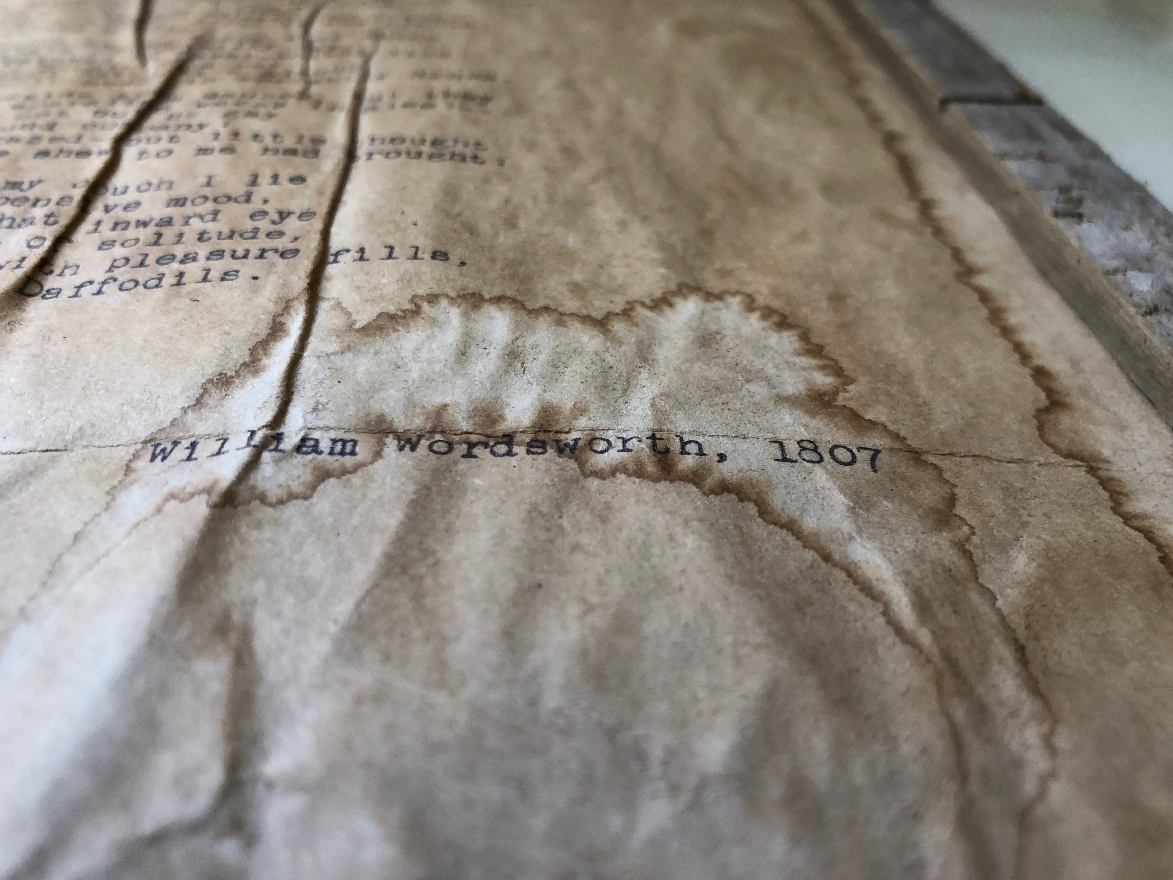 Daffodils (I Wandered Lonely as a Cloud) by William Wordsworth. Vintage Poem Print.  Close up of distressed text. 