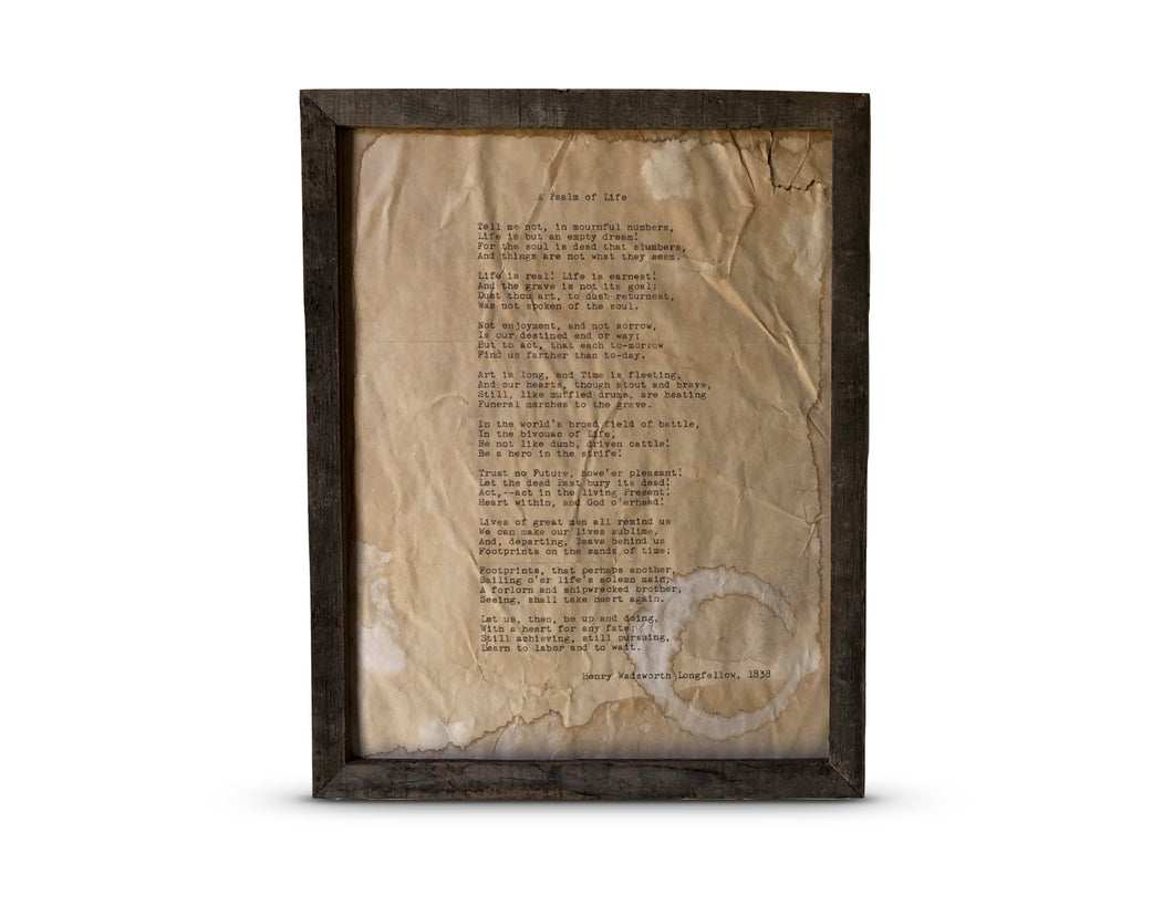 Psalm of Life by Henry Wadsworth Longfellow. Vintage framed poem print. Typewritten. 