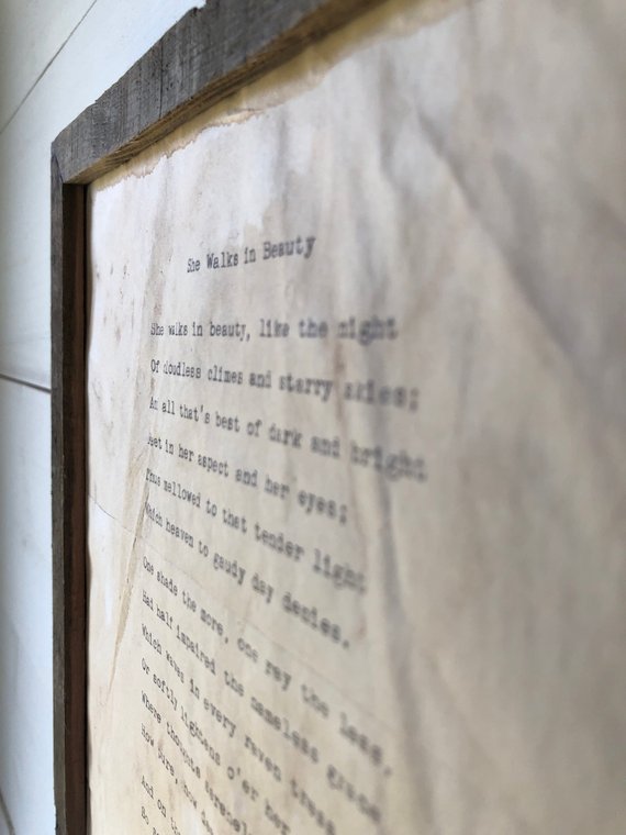 She Walks in Beauty by Lord Byron. Vintage poem print. Typewritten. Close up of text.